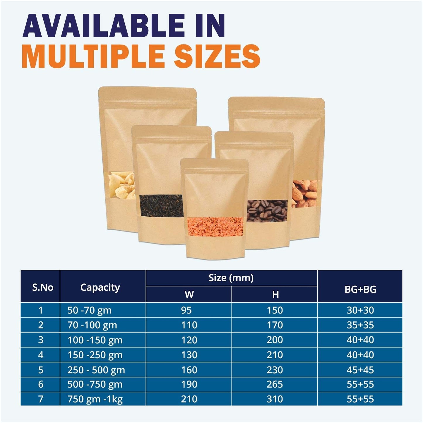 Kraft paper stand up zipper pouch with transparent window for premium food packaging||100 to 150gm - 120mm(W) * 200mm(H) * 40mm+40mm(BG)