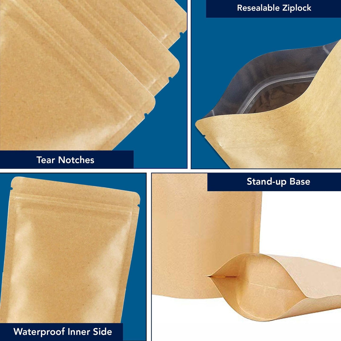 Pouches are heat sealable, reclosable zipper, stand up design, with rounded corner||150 to 250gm - 130mm(W) * 210mm(H) * 40mm+40mm(BG)