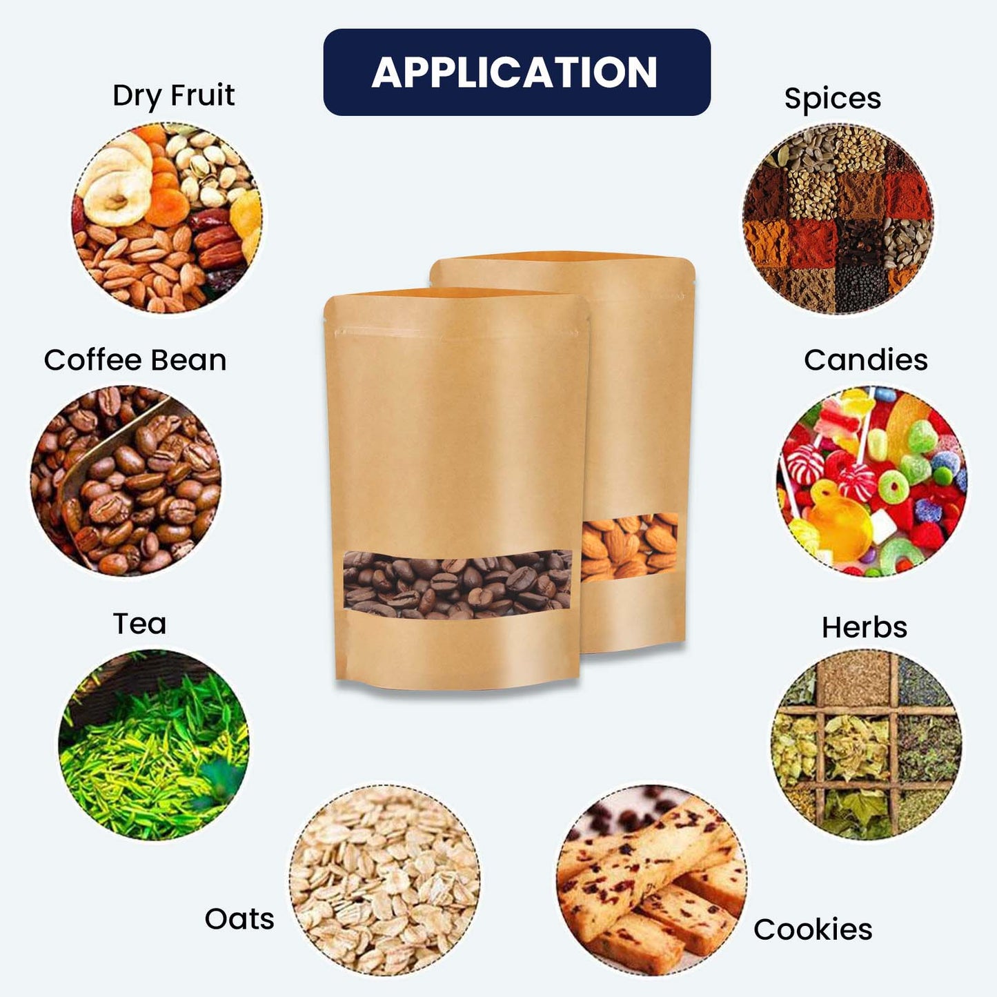 Applications of kraft paper stand up pouches with window for tea, coffee, spices, and FMCG products||250 to 400gm - 160mm(W) * 230mm(H) * 45mm+45mm(BG)