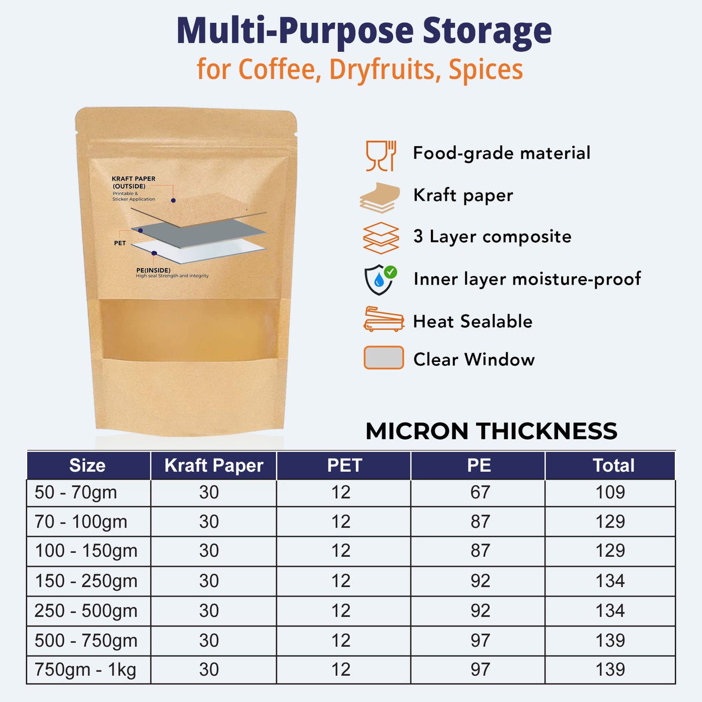 Kraft paper stand up zipper pouches with window available in different micron thickness options||250 to 400gm - 160mm(W) * 230mm(H) * 45mm+45mm(BG)