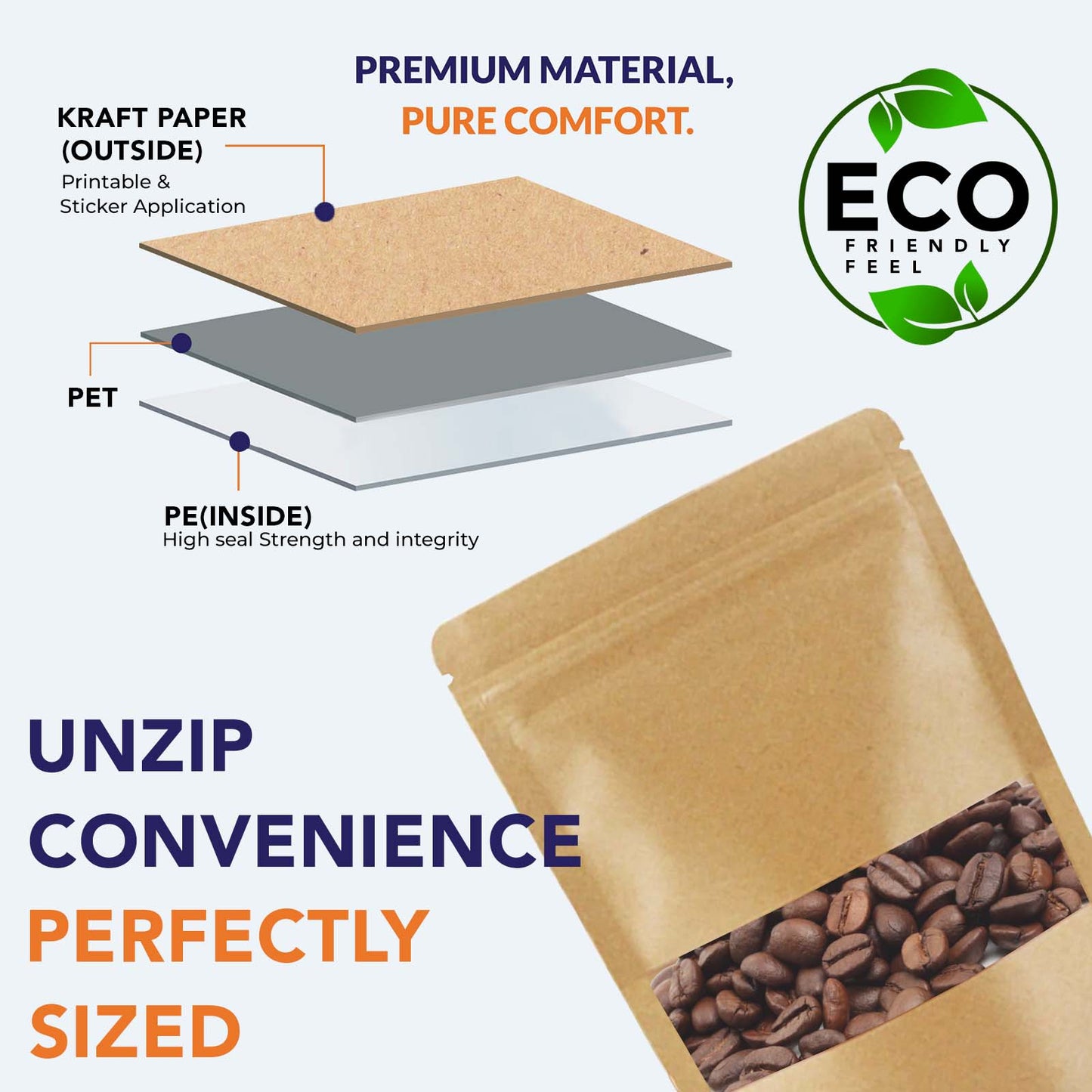 Multi-layer structure of kraft paper stand up zipper pouch with CCPET, PET, and PE lining||500 to 750gm - 190mm(W) * 265mm(H) * 55mm+55mm(BG)