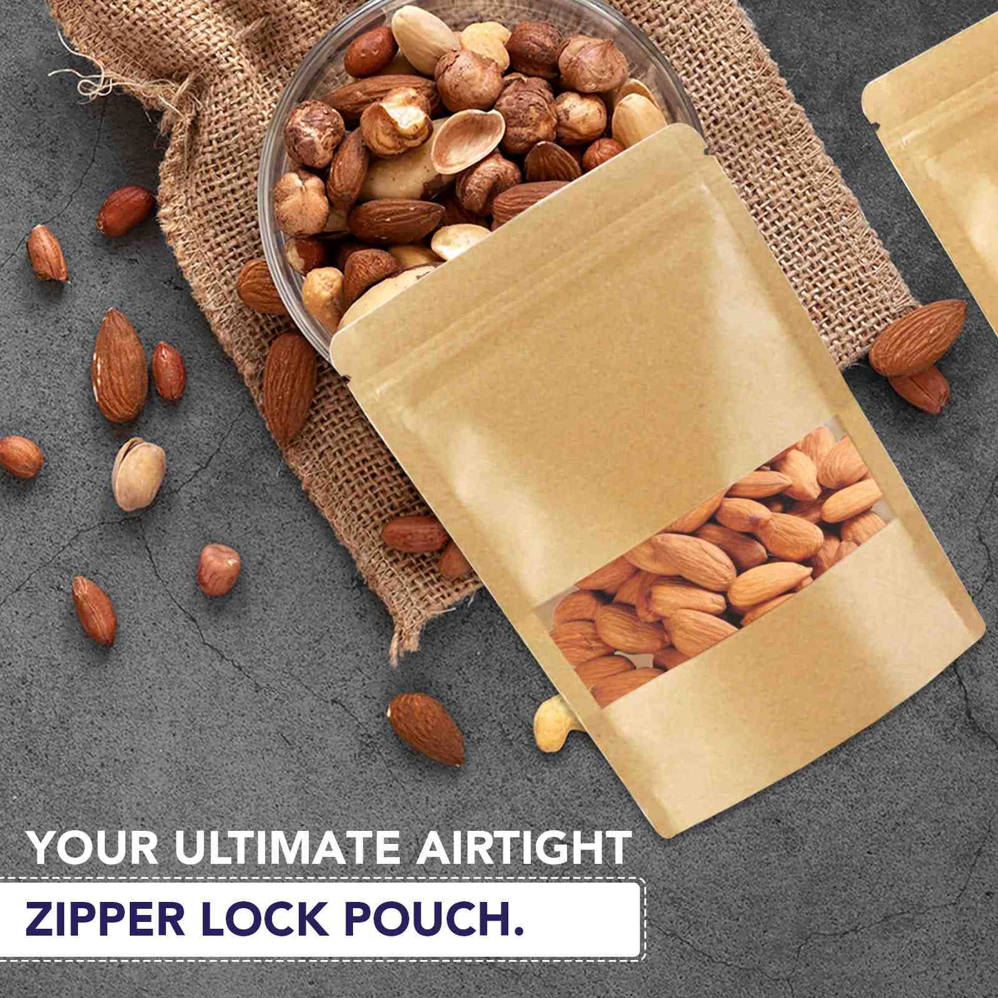Eco-friendly kraft paper zipper pouch with rectangle window for dry food packaging||500 to 750gm - 190mm(W) * 265mm(H) * 55mm+55mm(BG)