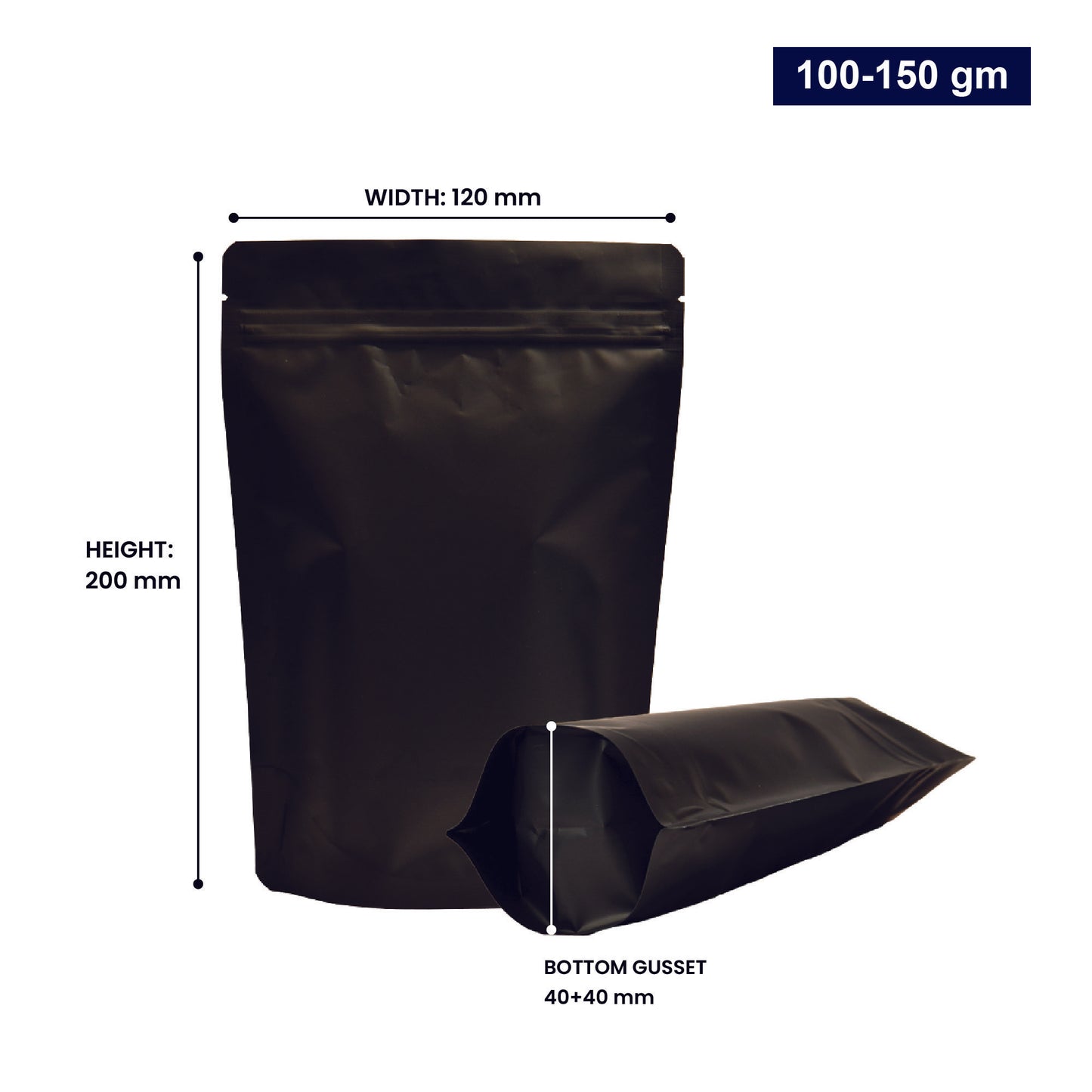 Black stand-up zipper pouch with dimensions 50-70gm, displaying width, height, and bottom gusset||100 to 150gm - 120mm(W) * 200mm(H) * 40mm+40mm(BG)