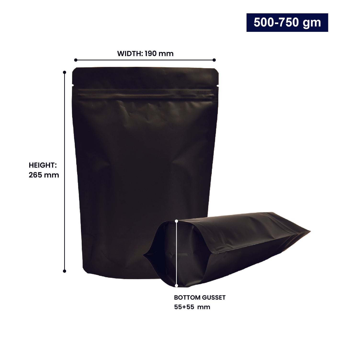Black stand-up zipper pouch with dimensions 500-750gm, displaying width, height, and bottom gusset||500 to 750gm - 190mm(W) * 265mm(H) * 55mm+55mm(BG)