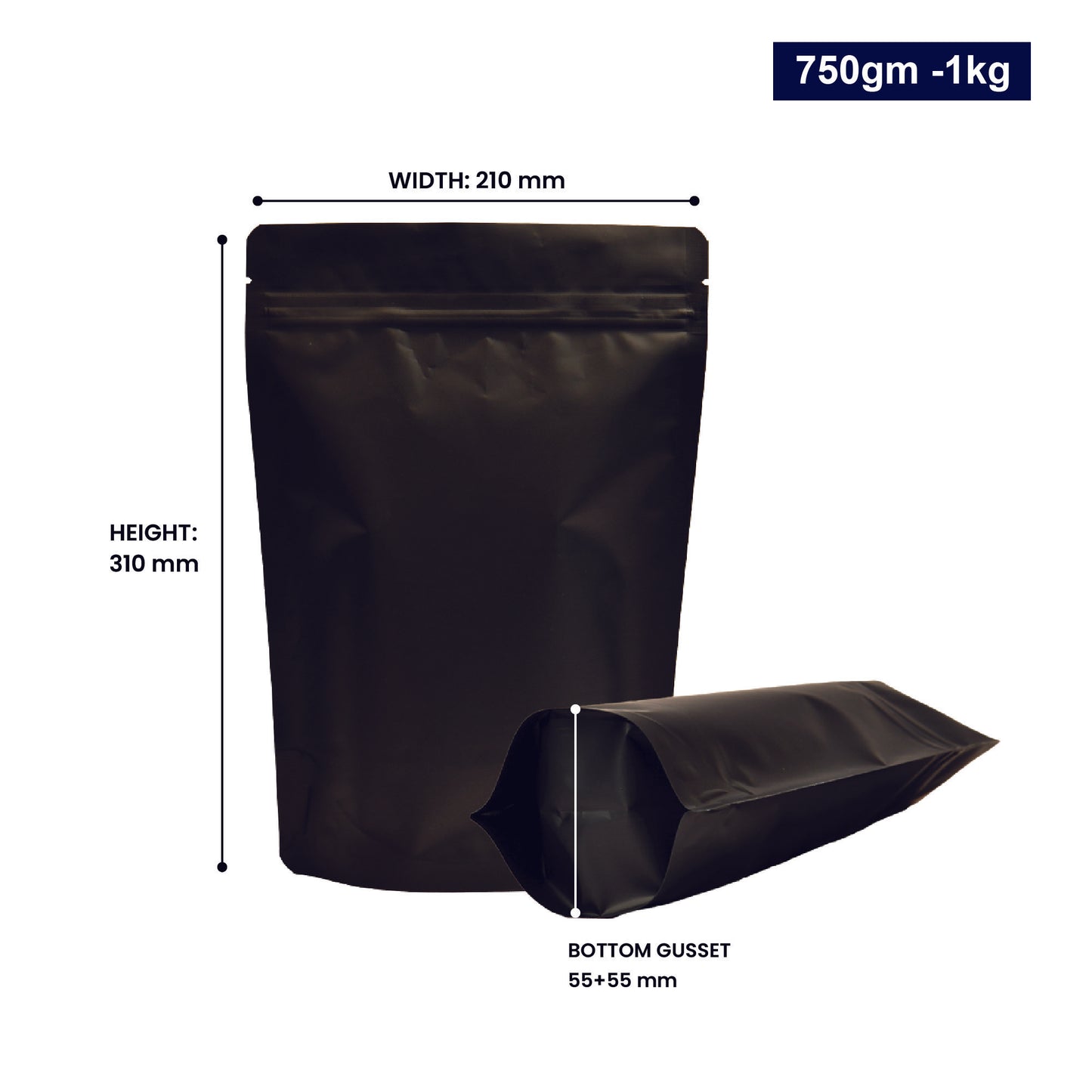 Black stand-up zipper pouch with dimensions 750-1kg, displaying width, height, and bottom gusset||750gm to 1kg - 210mm(W) * 310mm(H) * 55mm+55mm(BG)