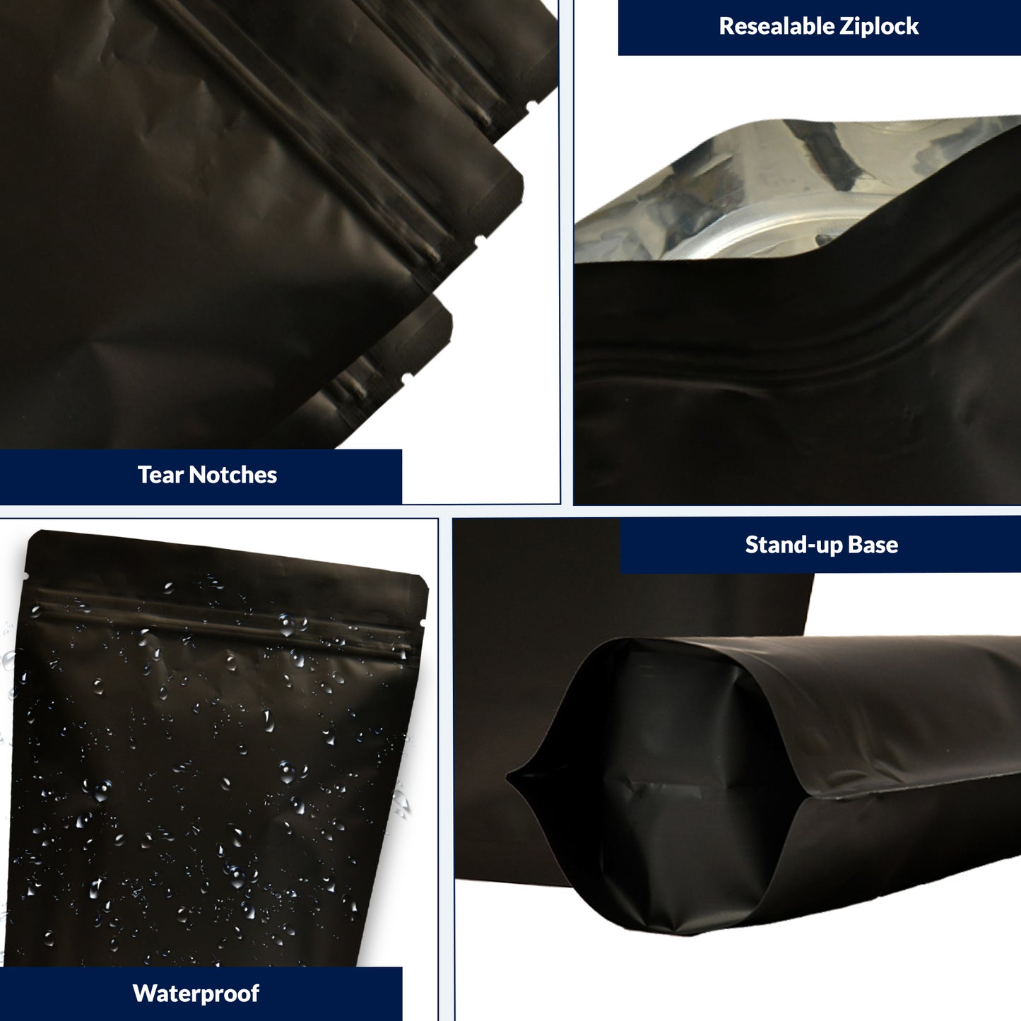 Black pouch 50-70gmwith zipper featuring tear notches, resealable ziplock,bottom gusset and waterproof protection||50 to 70gm - 95mm(W) * 150mm(H) * 30mm+30mm(BG)