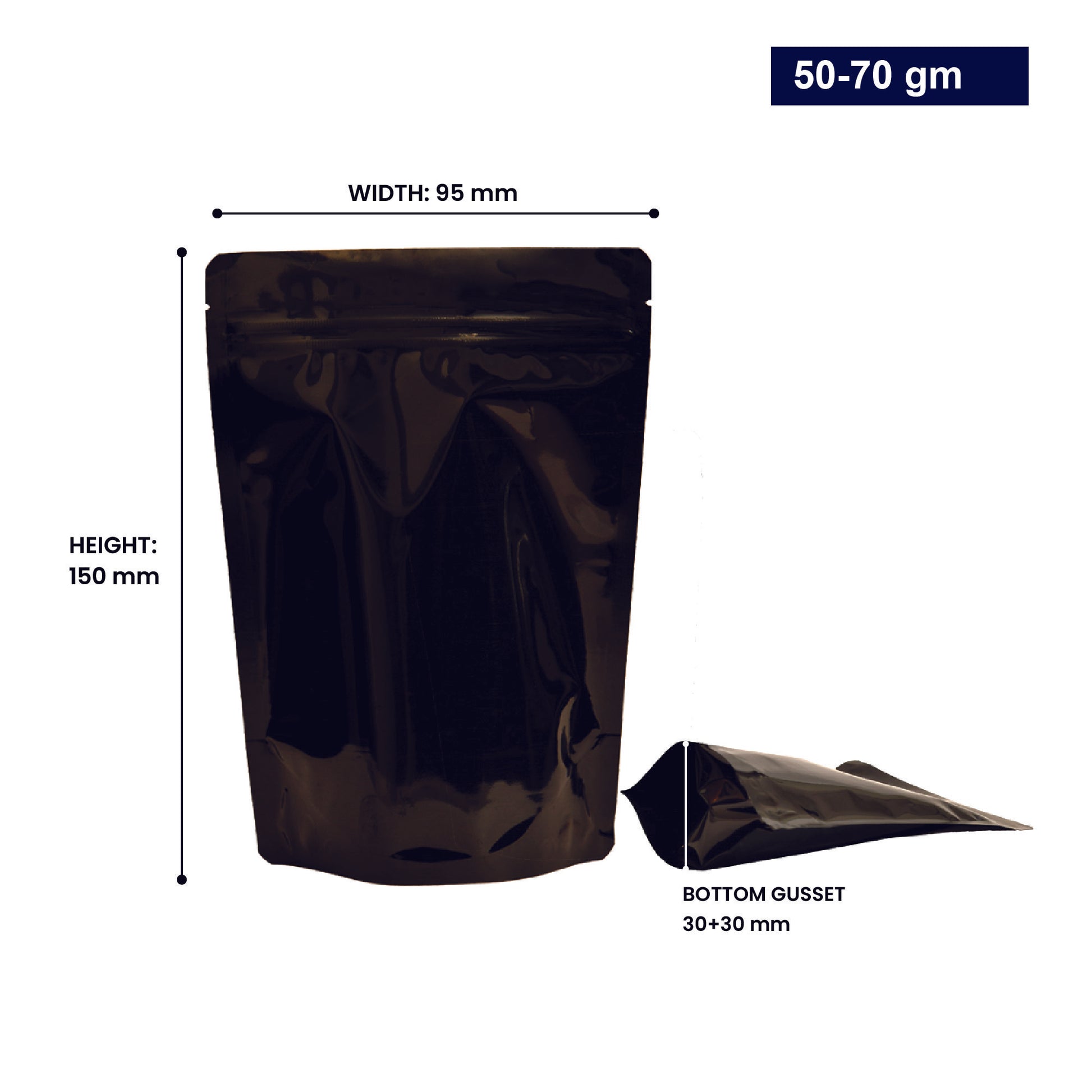 50 to 70gm - 95mm(W) * 150mm(H) * 30mm+30mm(BG)