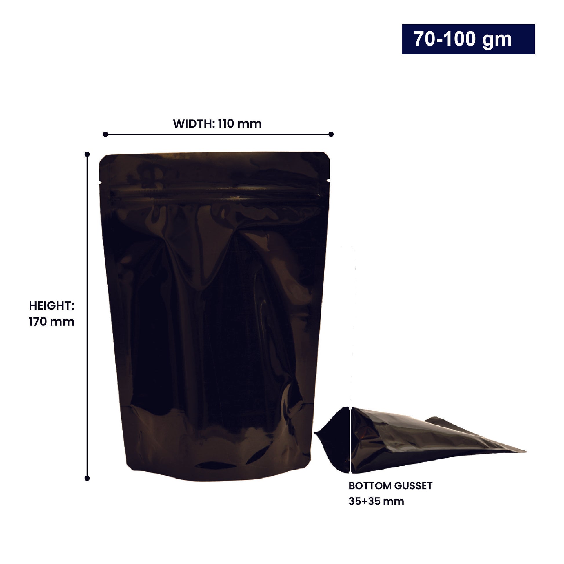 70 to 100gm - 110mm(W) * 170mm(H) * 35mm+35mm(BG)