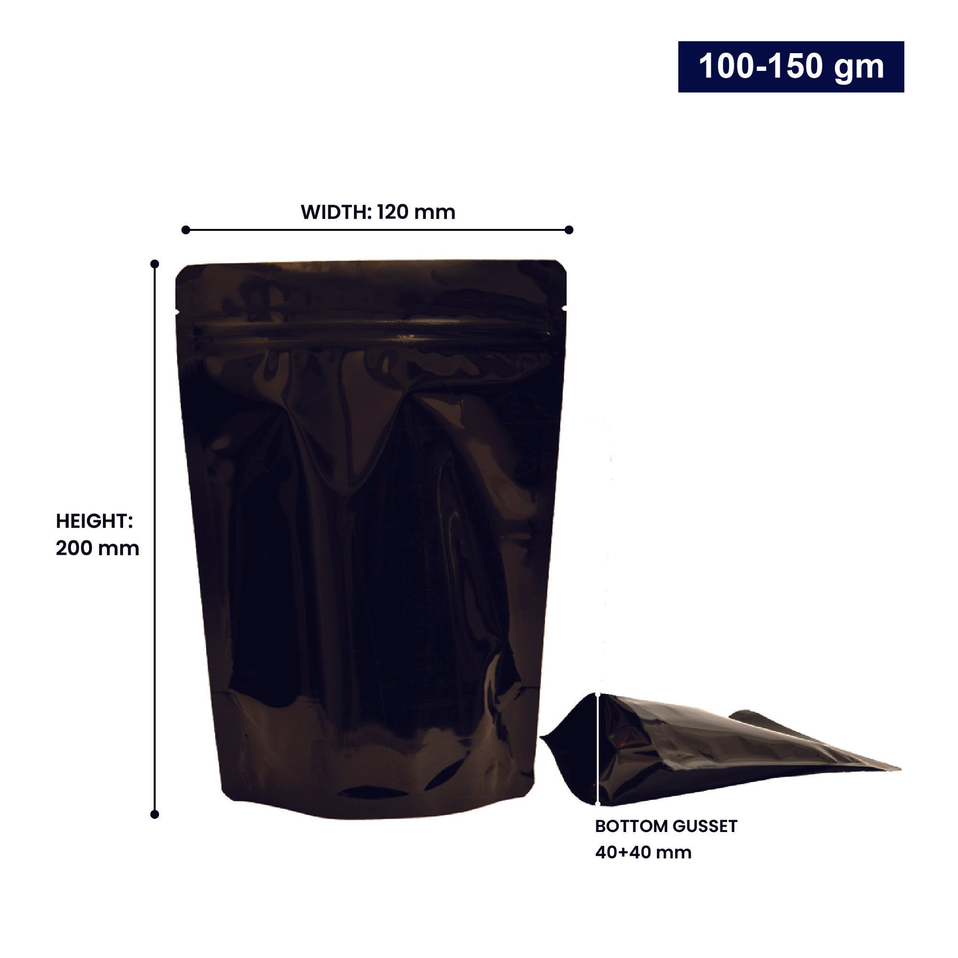 100 to 150gm - 120mm(W) * 200mm(H) * 40mm+40mm(BG)