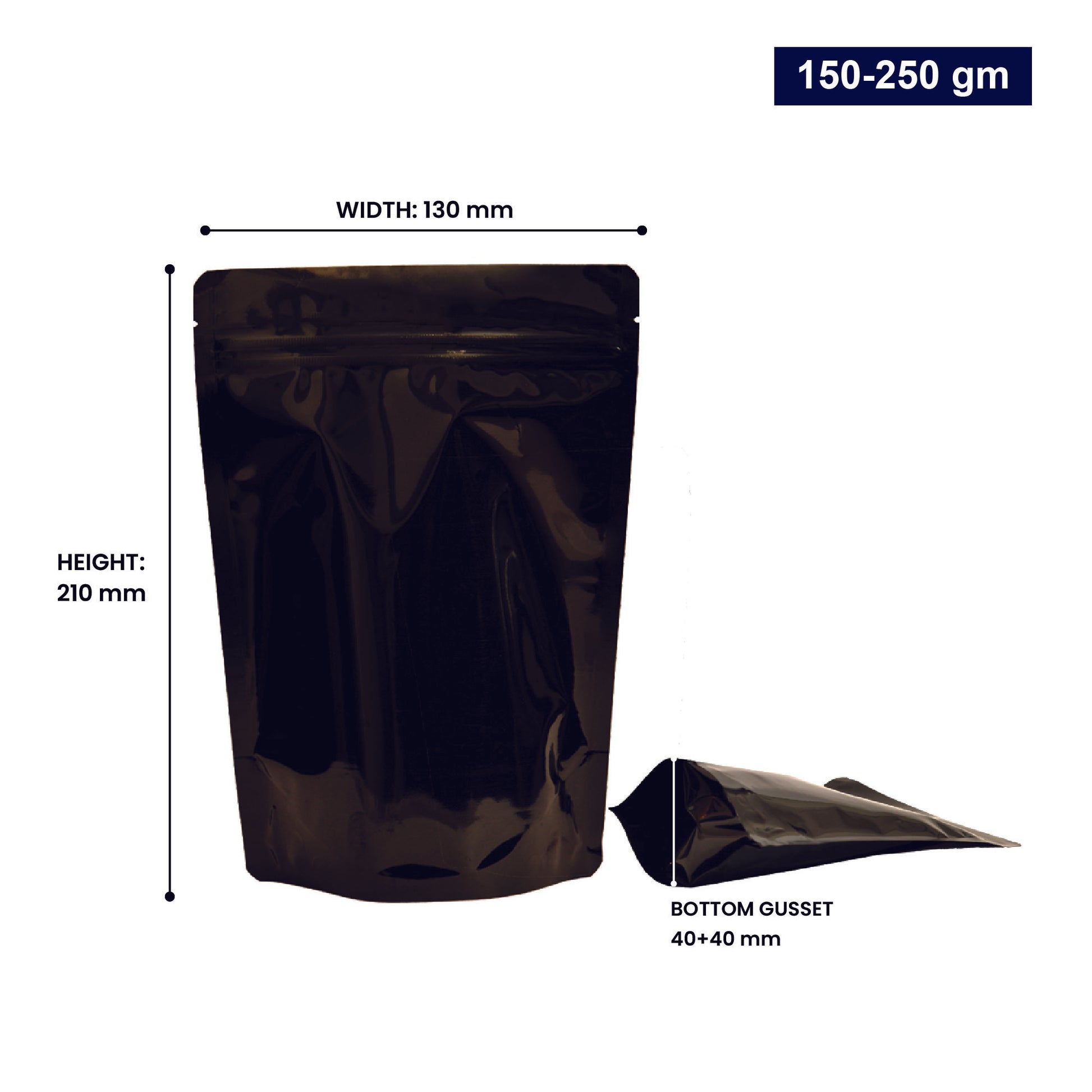 150 to 250gm - 130mm(W) * 210mm(H) * 40mm+40mm(BG)