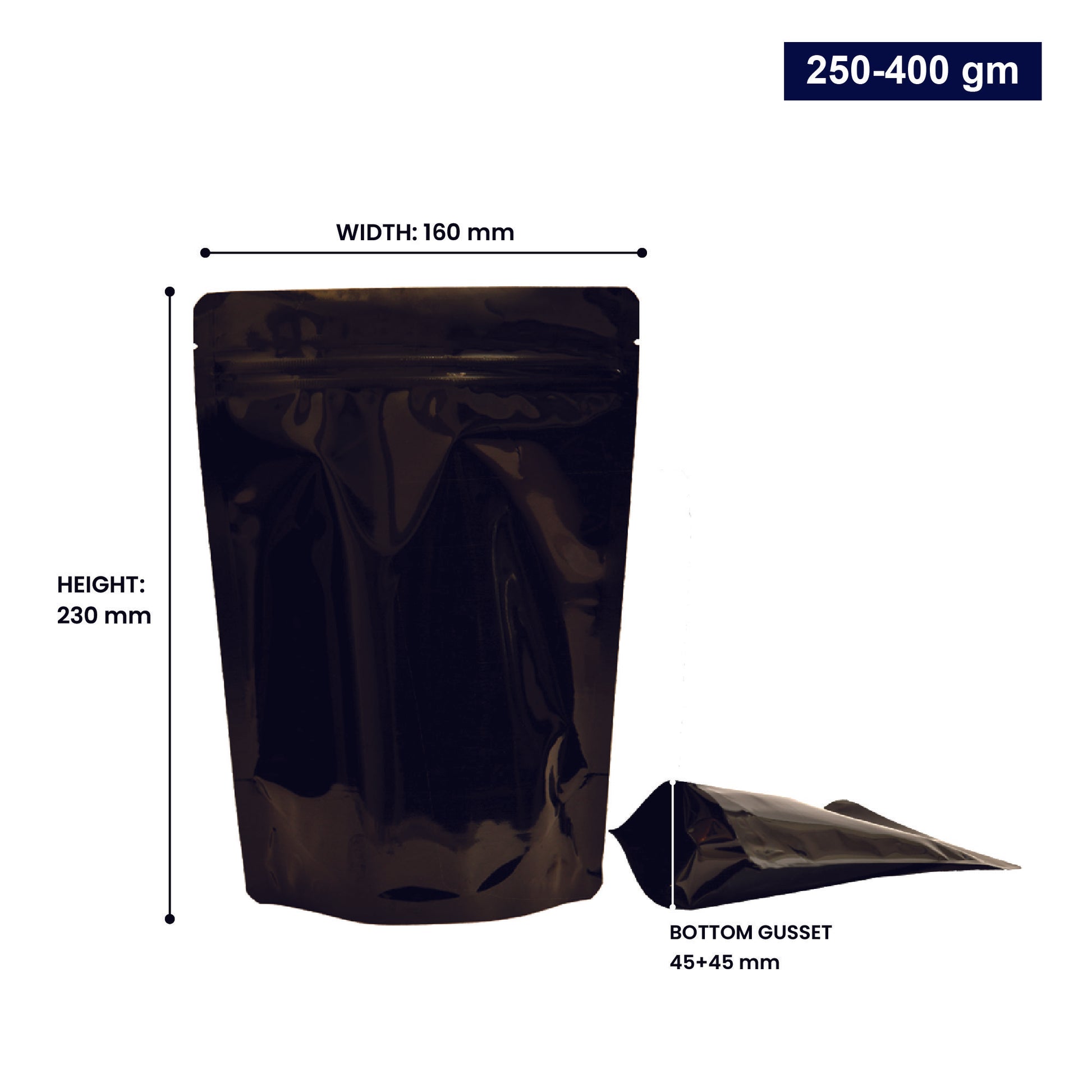 250 to 400gm - 160mm(W) * 230mm(H) * 45mm+45mm(BG)