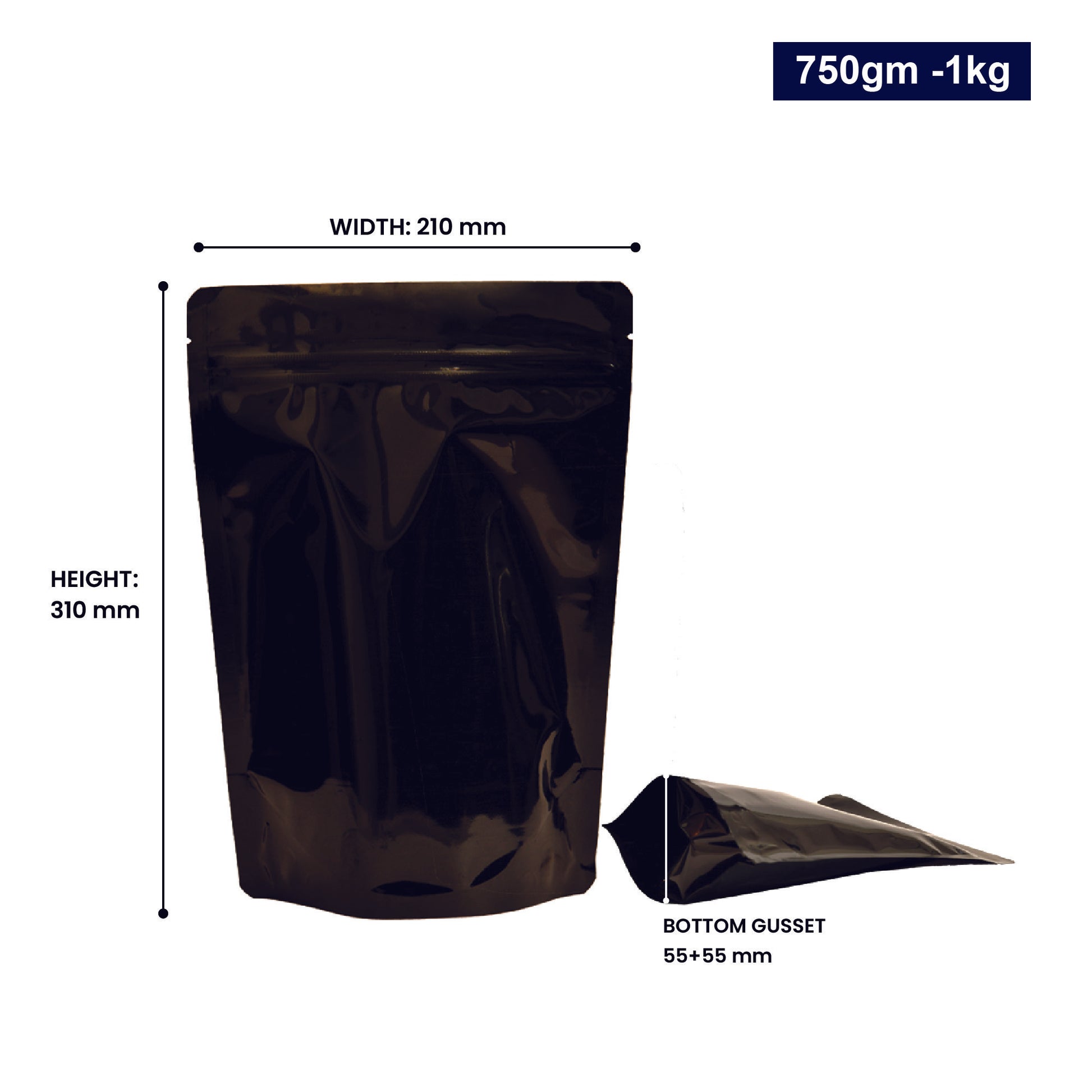 750gm to 1kg - 210mm(W) * 310mm(H) * 55mm+55mm(BG)