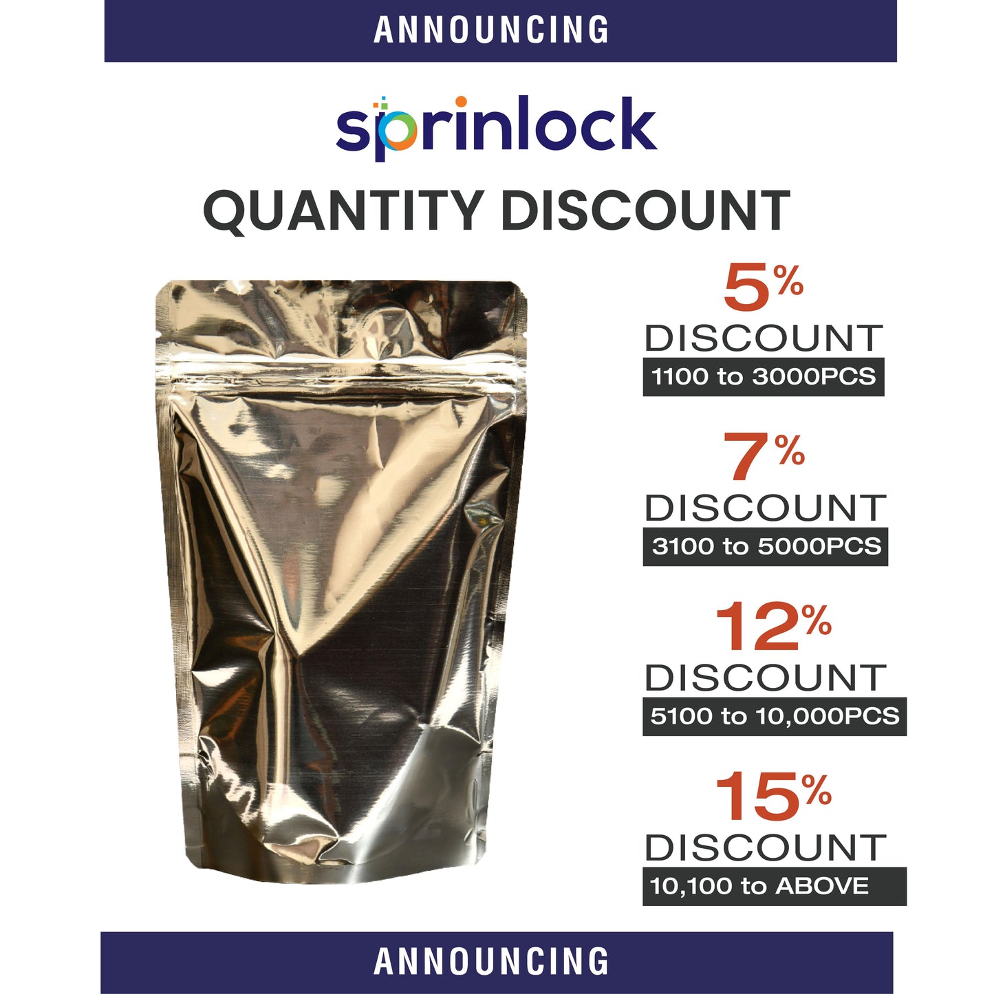 Sprinlock-Gloss Silver Stand Up Pouches with Zipper