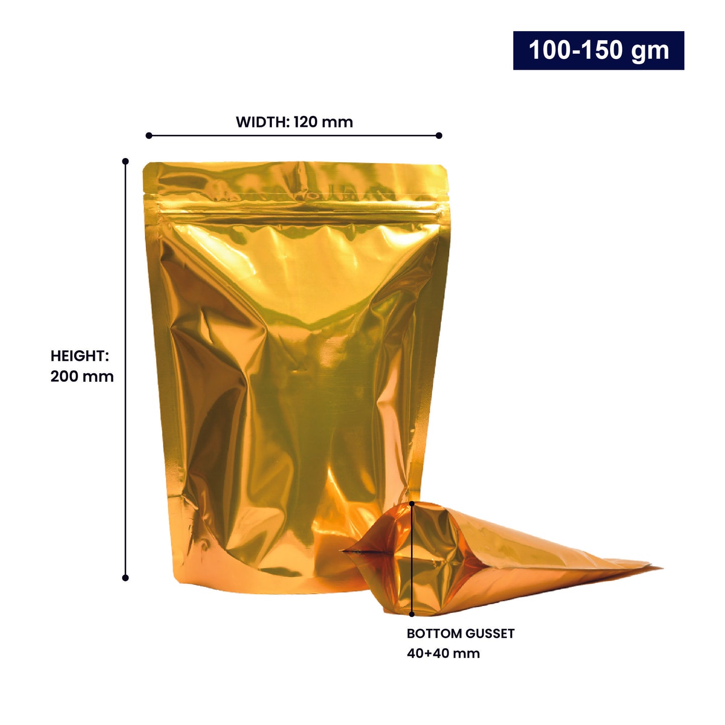 Golden stand-up zipper pouch with dimensions 100-150gm, displaying width, height, and bottom gusset||100 to 150gm - 120mm(W) * 200mm(H) * 40mm+40mm(BG)