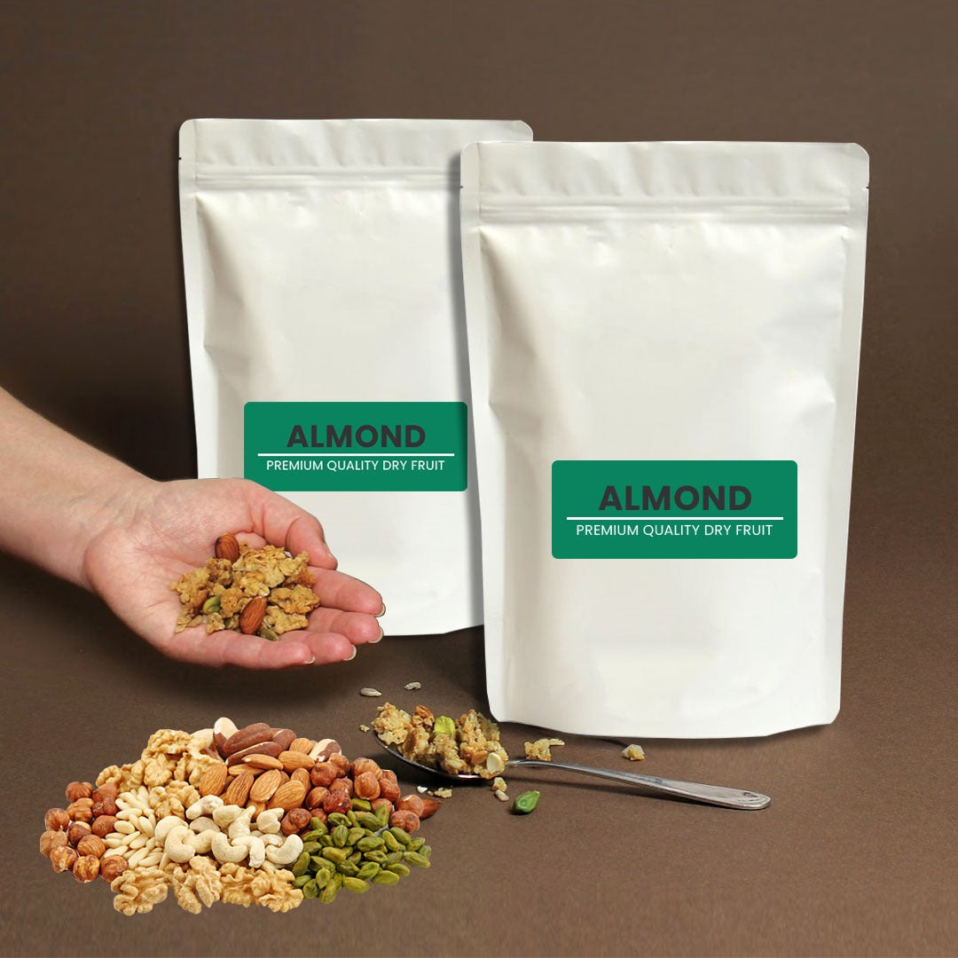 Matte white standup pouch with zipper, perfect dryfruit packing pouches, almond packaging