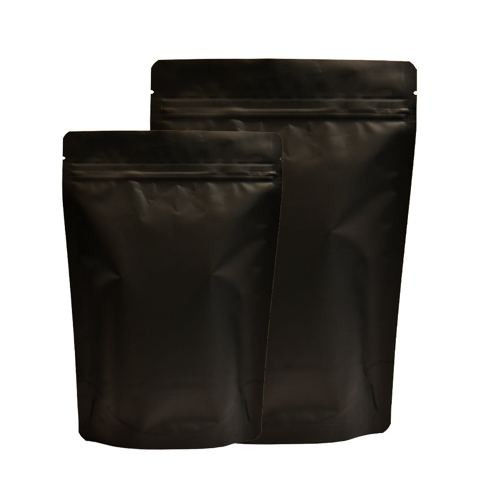 Black standup pouch with zipper – resealable black pouch bag for food, snacks, coffee, and dry fruits packaging||70 to 100gm - 110mm(W) * 170mm(H) * 35mm+35mm(BG)