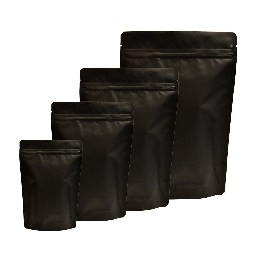 Matte black stand-up zipper pouches in multiple sizes, for food packaging||50 to 70gm - 95mm(W) * 150mm(H) * 30mm+30mm(BG)