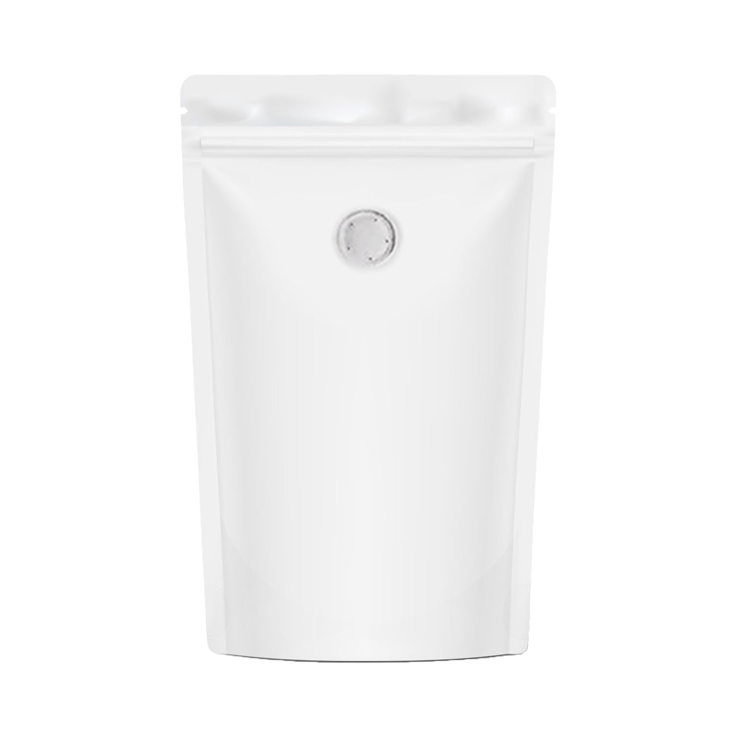 Matte white stand-up pouch with zipper and degassing valve for coffee packaging