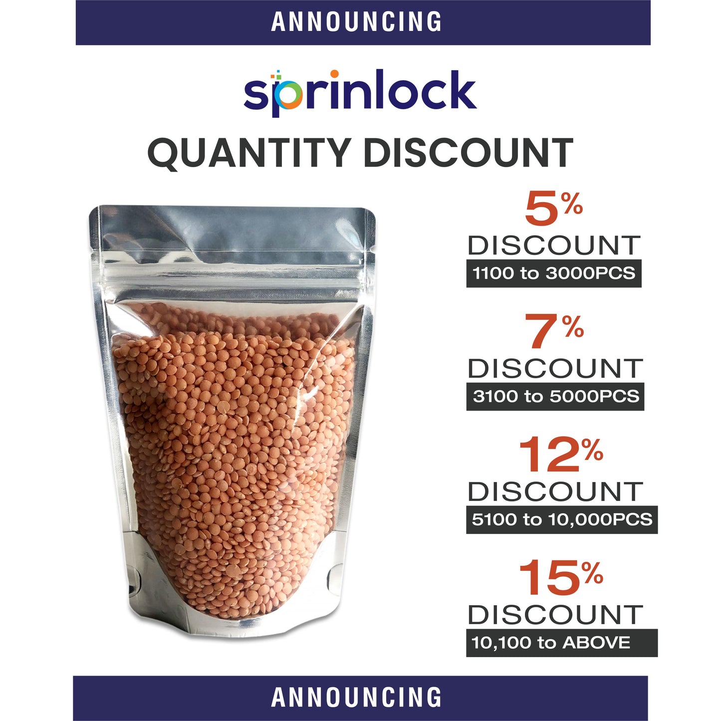 Sprinlock-Clear /Gloss Silver Stand Up Pouches with Zipper