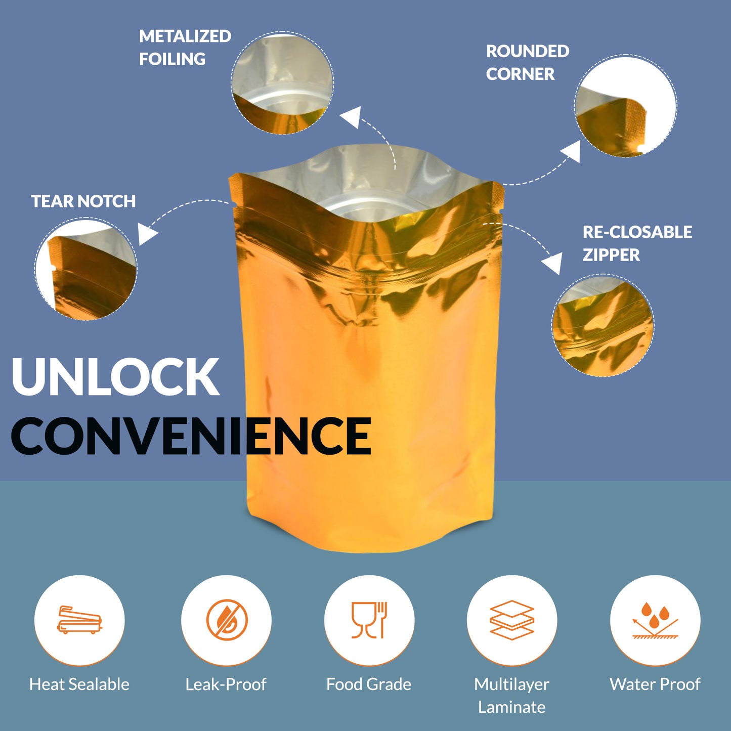 Shiny gold pouch 70-100gm with tear notch, metallized foiling, rounded corners, food-grade multilayer laminate,heat sealable, leak-proof, and waterproof protection||70 to 100gm - 110mm(W) * 170mm(H) * 35mm+35mm(BG)