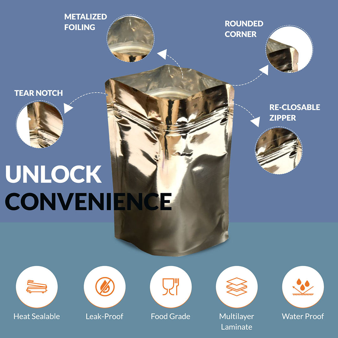 Shiny Silver pouch 100-150gm with tear notch, metallized foiling, rounded corners, food-grade multilayer laminate, heat sealable, leak-proof, and waterproof protection||100 to 150gm - 120mm(W) * 200mm(H) * 40mm+40mm(BG)