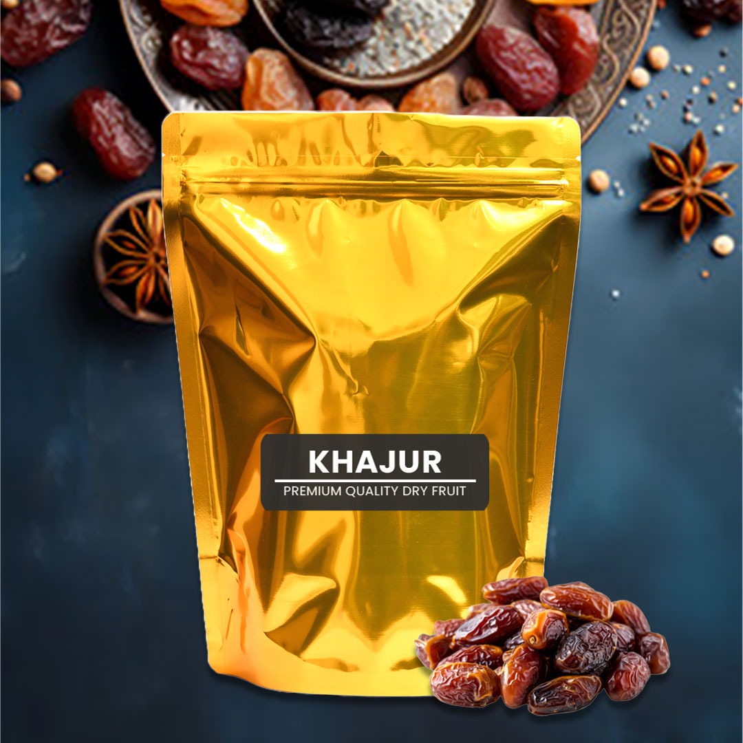 Shiny gold standup pouch with zipper for dryfruit packing
