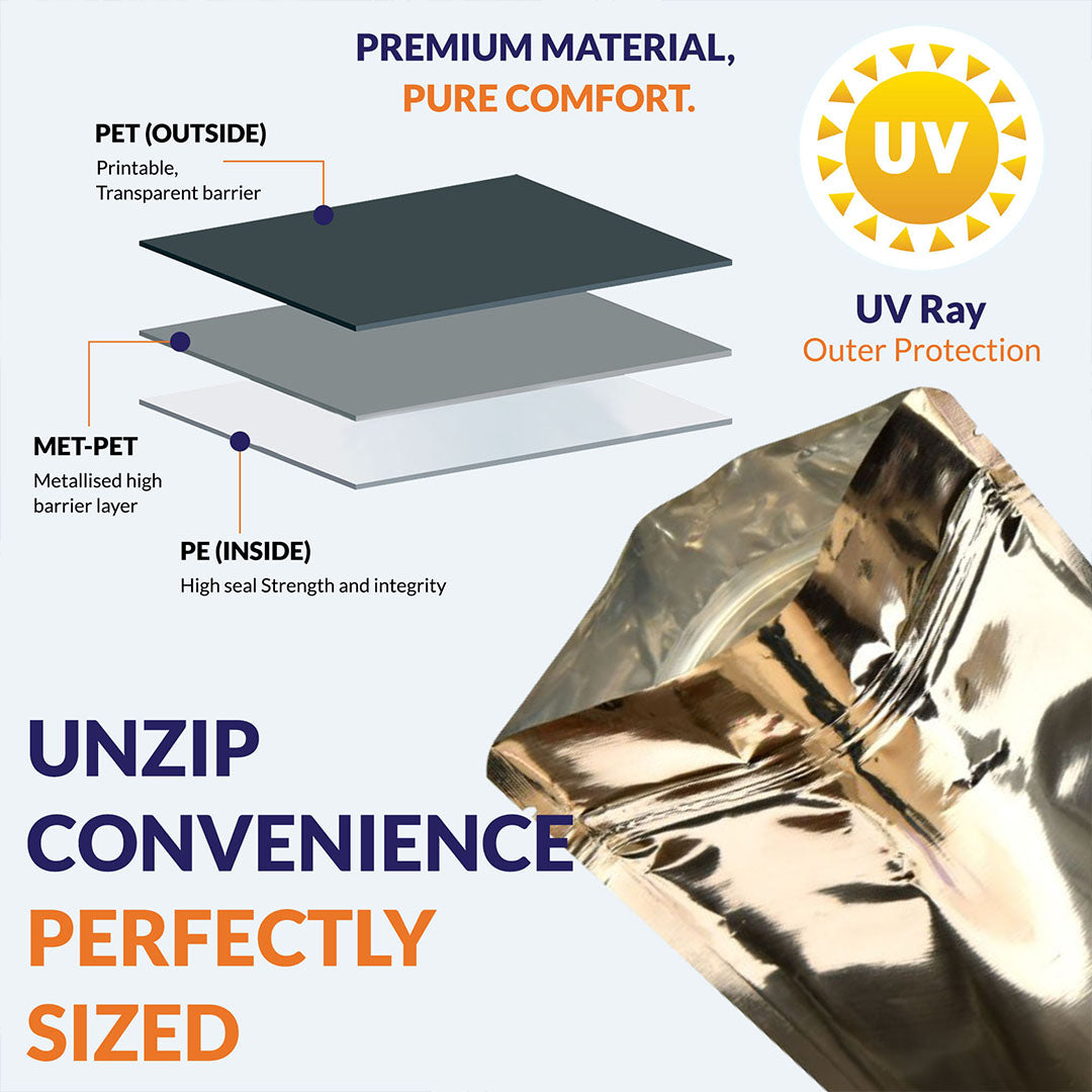 Shiny Silver pouch 50-70gm constructed with multiple layers including PET, MET-PET, and PE for strength and durability||50 to 70gm - 95mm(W) * 150mm(H) * 30mm+30mm(BG)