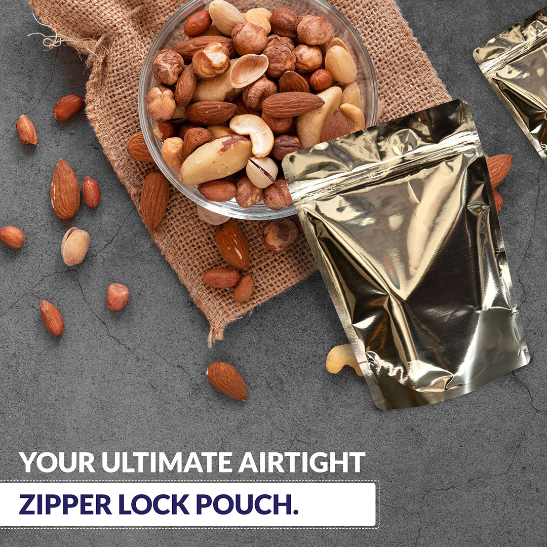 Silver packaging pouch 750-1kg showcasing the airtight and durable design for food preservation||750gm to 1kg - 210mm(W) * 310mm(H) * 55mm+55mm(BG)