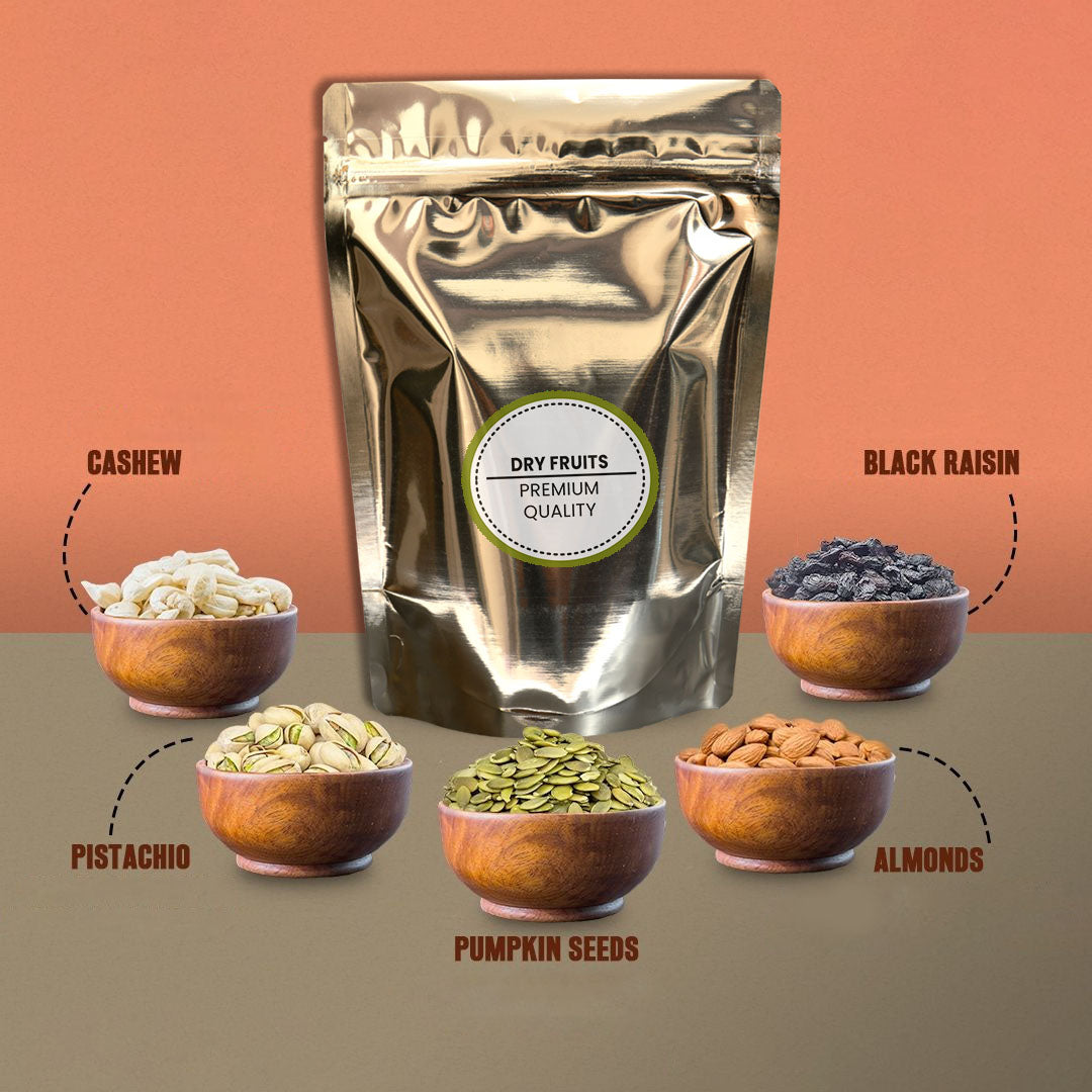 Shiny silver standup pouch with zipper for dryfruit packing