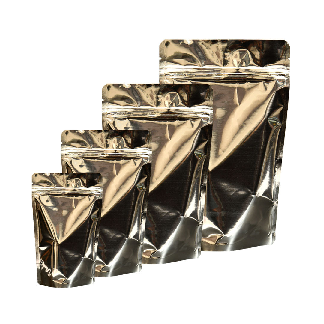 A range of silver pouches in different sizes, designed for airtight packaging and flexible food storage||150 to 250gm - 130mm(W) * 210mm(H) * 40mm+40mm(BG)