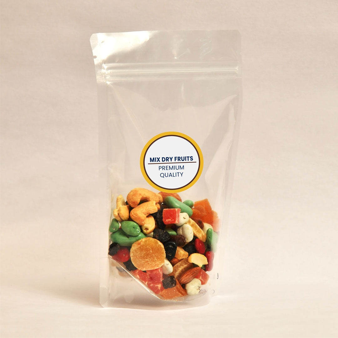 Transparent stand up dry fruit packing pouch with zipper