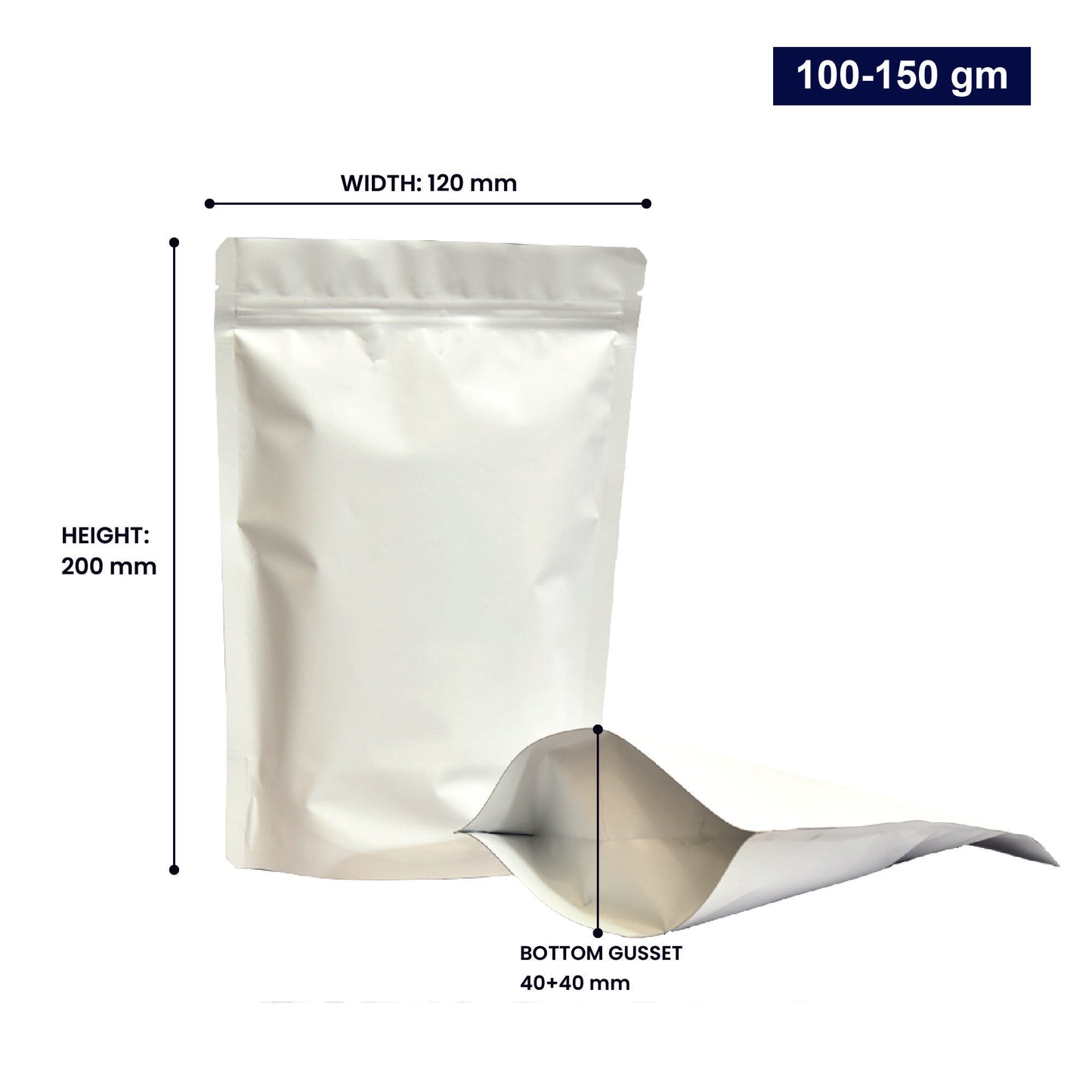 White stand-up zipper pouch with dimensions 100-150gm, displaying width, height, and bottom gusset||100 to 150gm - 120mm(W) * 200mm(H) * 40mm+40mm(BG)