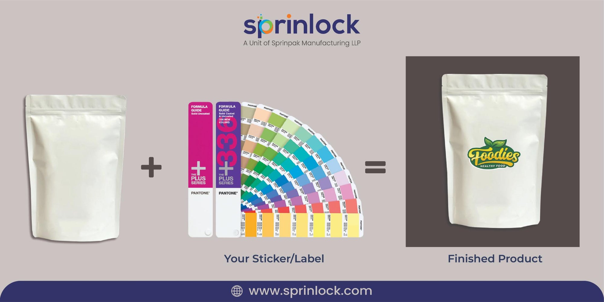 White stand-up zipper pouch customization with label printing – gold pouch for food packaging by Sprinlock