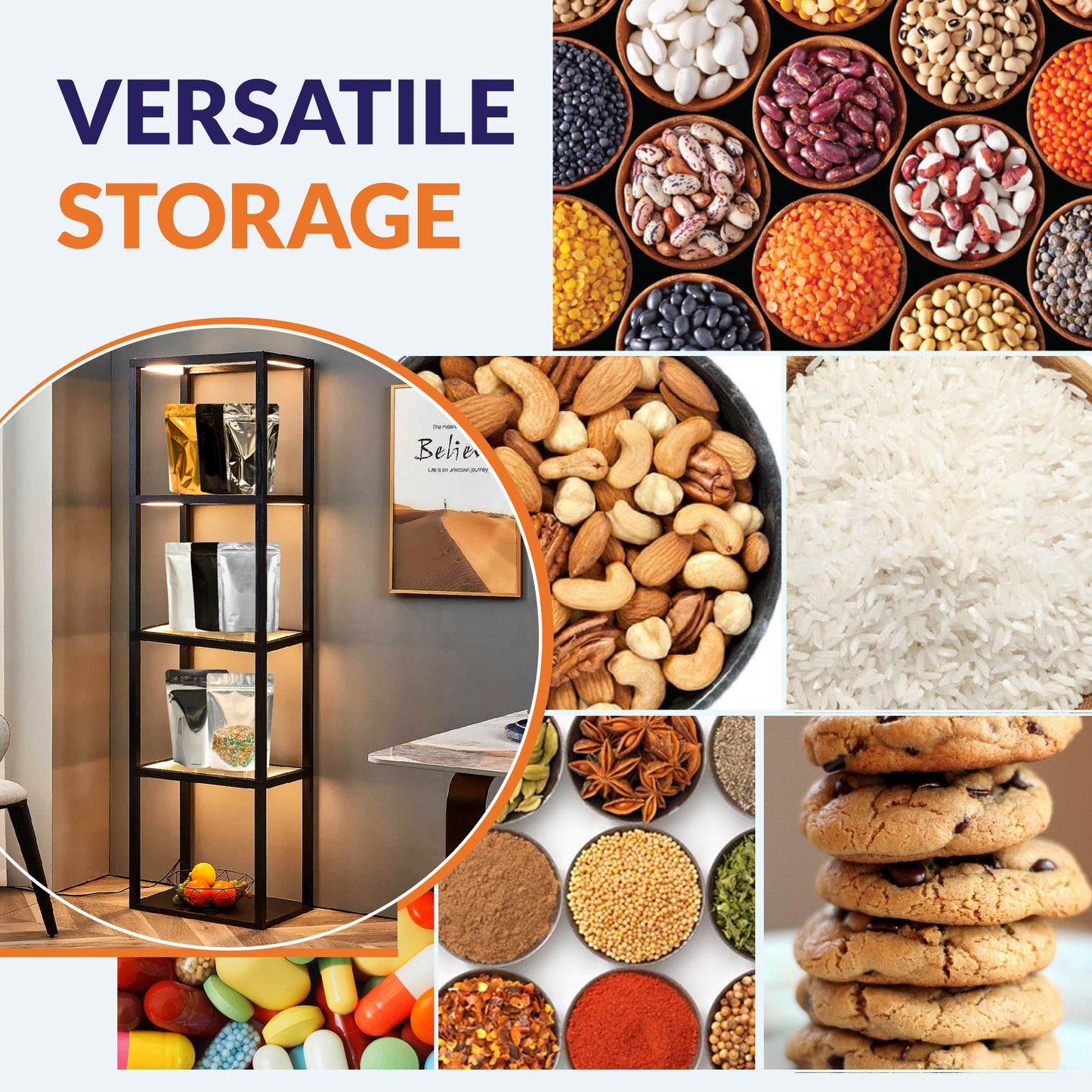 Versatile storage packaging options, Ziplock bags and black pouches 70-100gm featuring various food items for flexible storage and preservation||70 to 100gm - 110mm(W) * 170mm(H) * 35mm+35mm(BG)