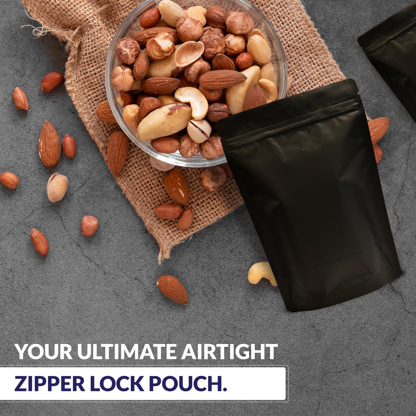 Black pouch 50-70gmwith zipper featuring tear notches, resealable ziplock,bottom gusset and waterproof protection||50 to 70gm - 95mm(W) * 150mm(H) * 30mm+30mm(BG)