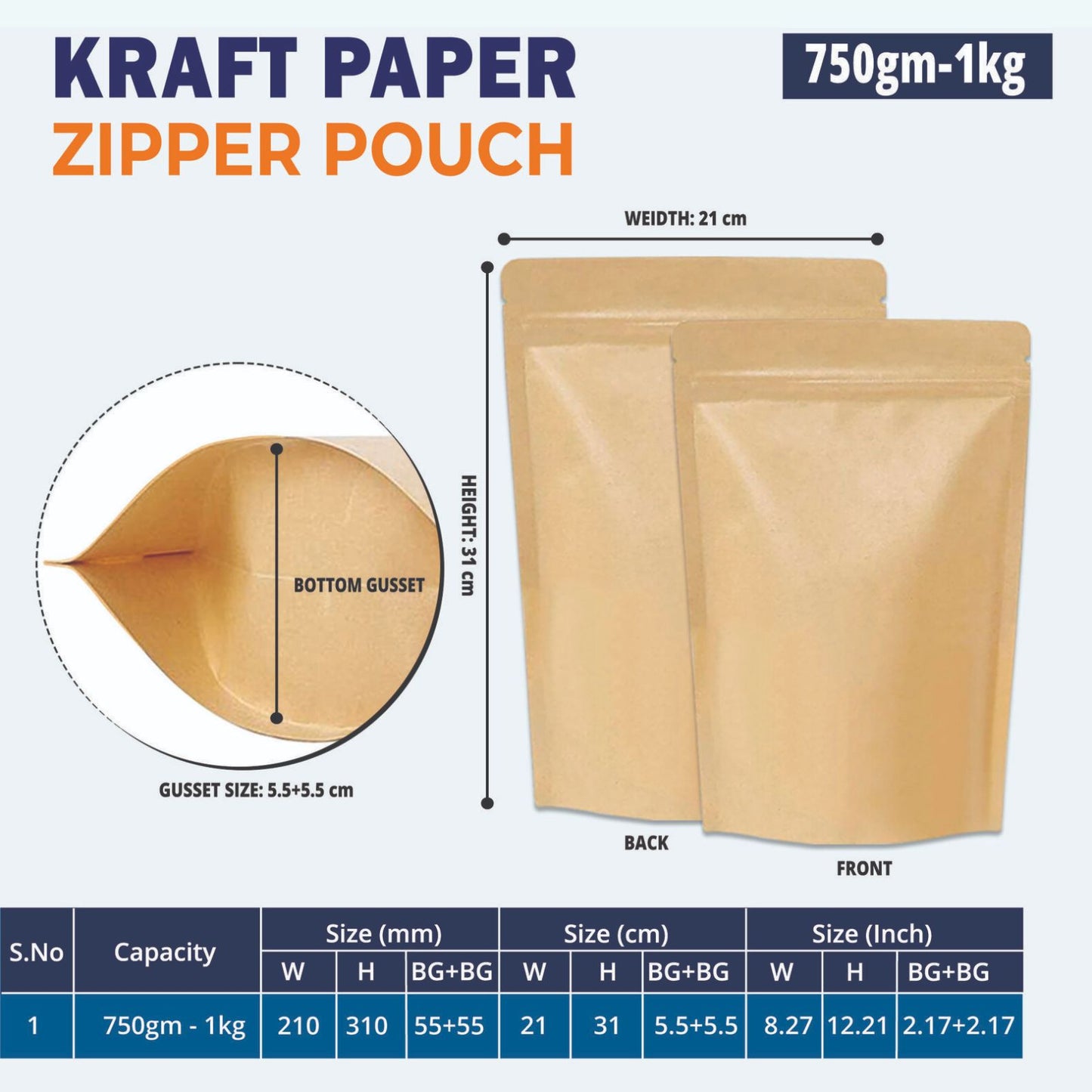 Brown craft paper bags ziplocks with waterproof and tear noth for packaging of dry fruits, tea, coffee, grains.||750gm to 1kg - 210mm(W) * 310mm(H) * 55mm+55mm(BG)