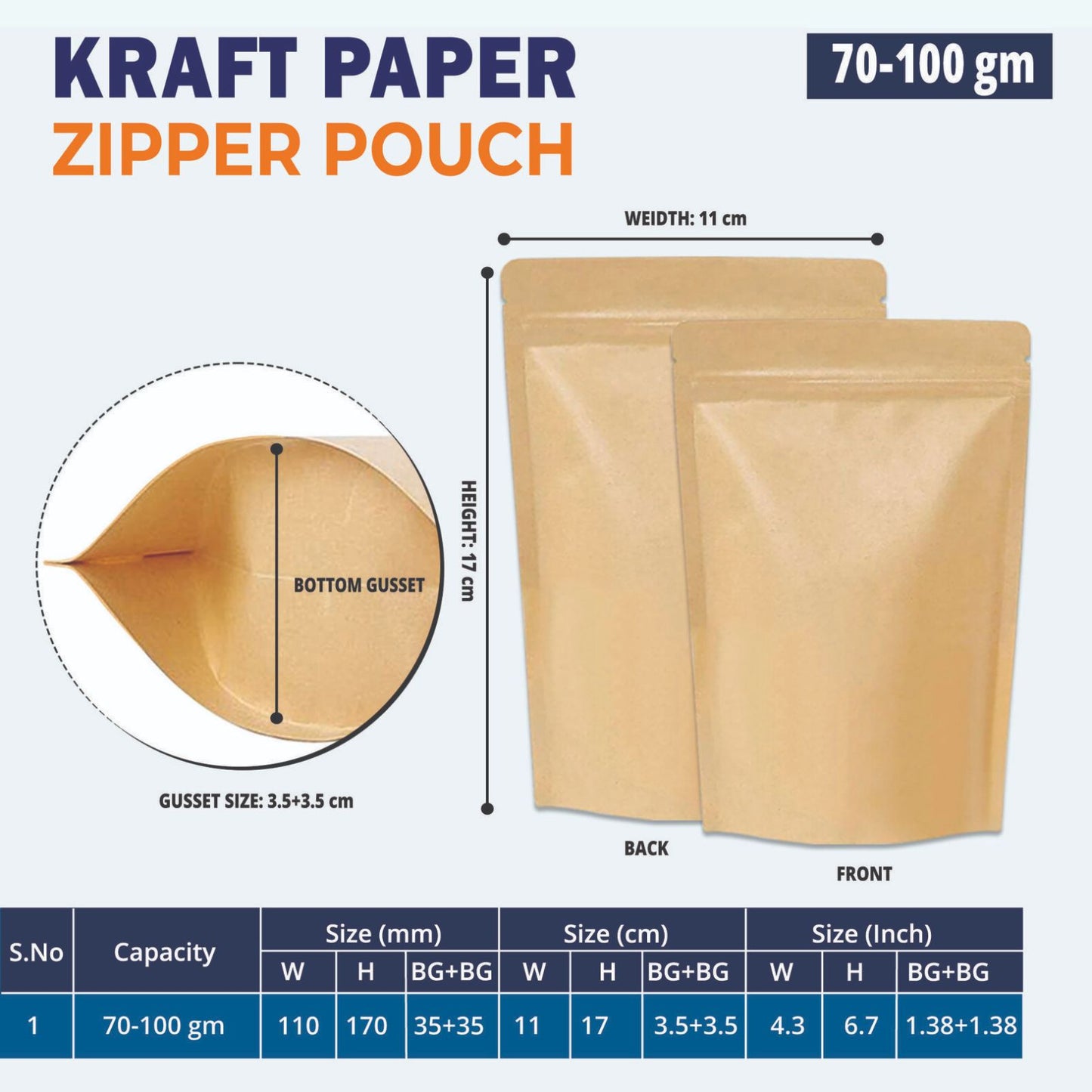 Brown kraft paper ziplock covers stand-up zipper pouch with dimension 70-100gm, displaying width, height, and bottom gusset.||70 to 100gm - 110mm(W) * 170mm(H) * 35mm+35mm(BG)