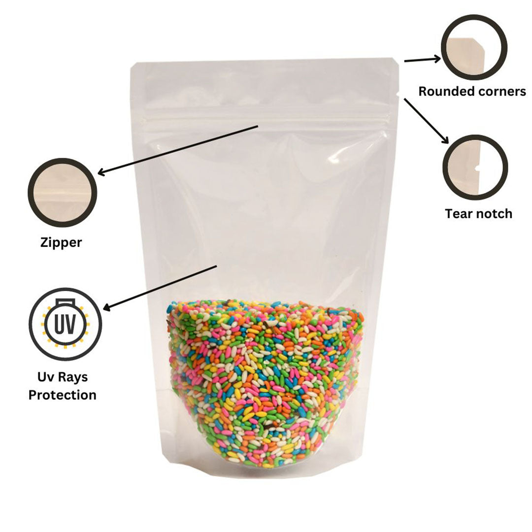 50-70gm Clear stand-up pouch with zipper, UV rays protection, rounded corners, and tear notch