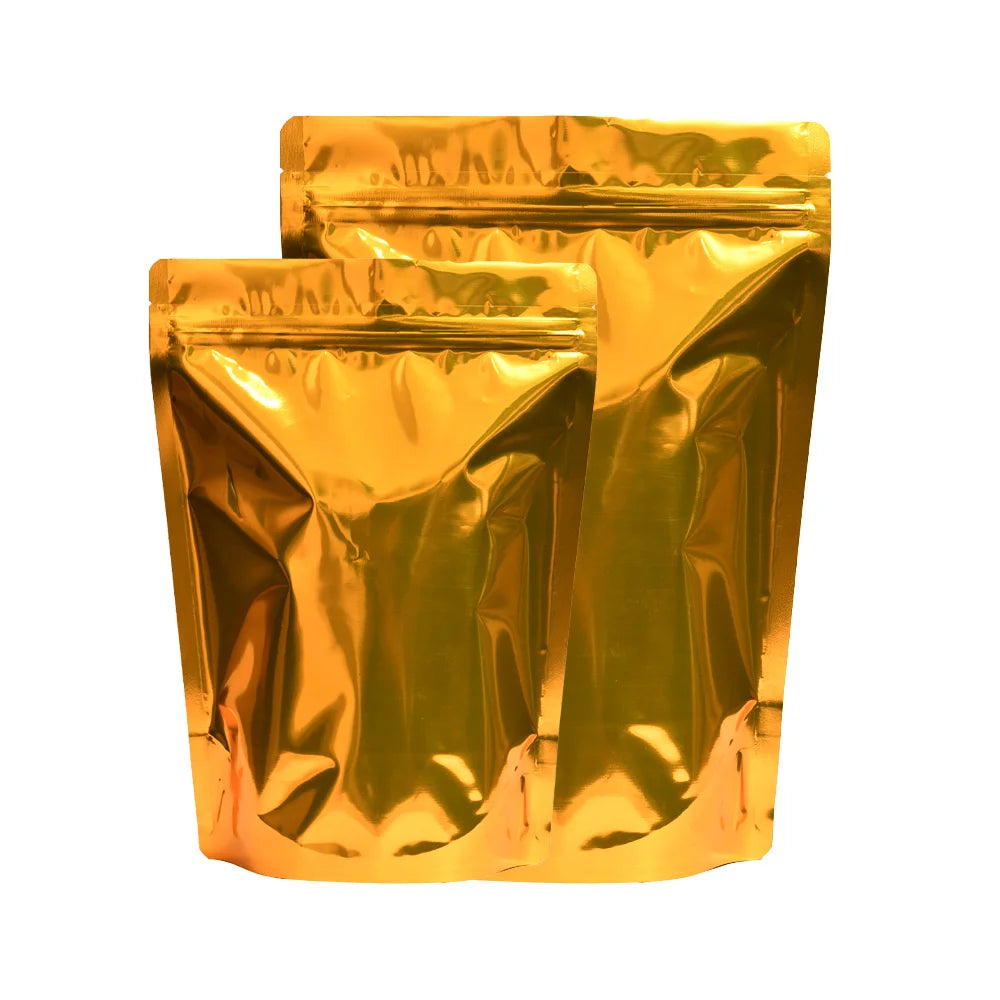 Gloss gold standup pouch with zipper – resealable golden pouch bag for food, snacks, coffee, and dry fruits packaging||250 to 400gm - 160mm(W) * 230mm(H) * 45mm+45mm(BG)