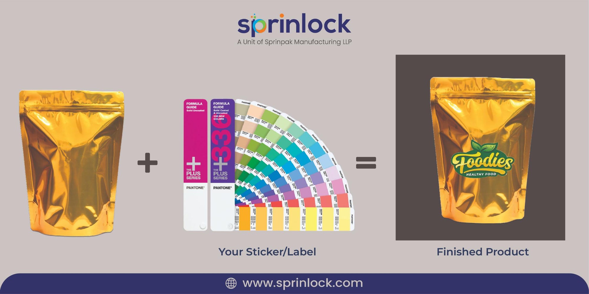 Golden stand-up zipper pouch customization with label printing – gold pouch for food packaging by Sprinlock