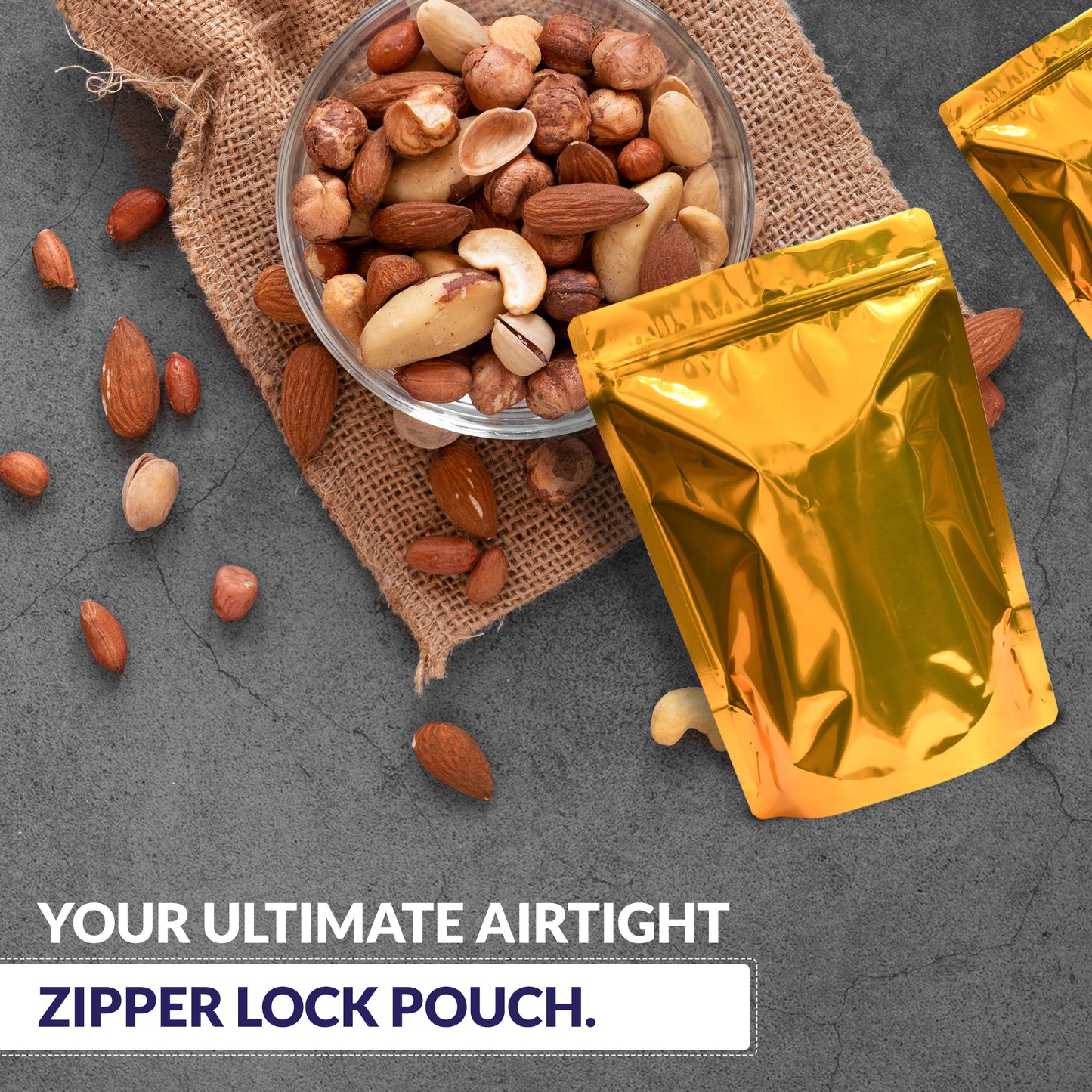 Golden zipper lock pouch for dry fruits and nuts,premium gold stand-up pouch bag for airtight food packaging||150 to 250gm - 130mm(W) * 210mm(H) * 40mm+40mm(BG)