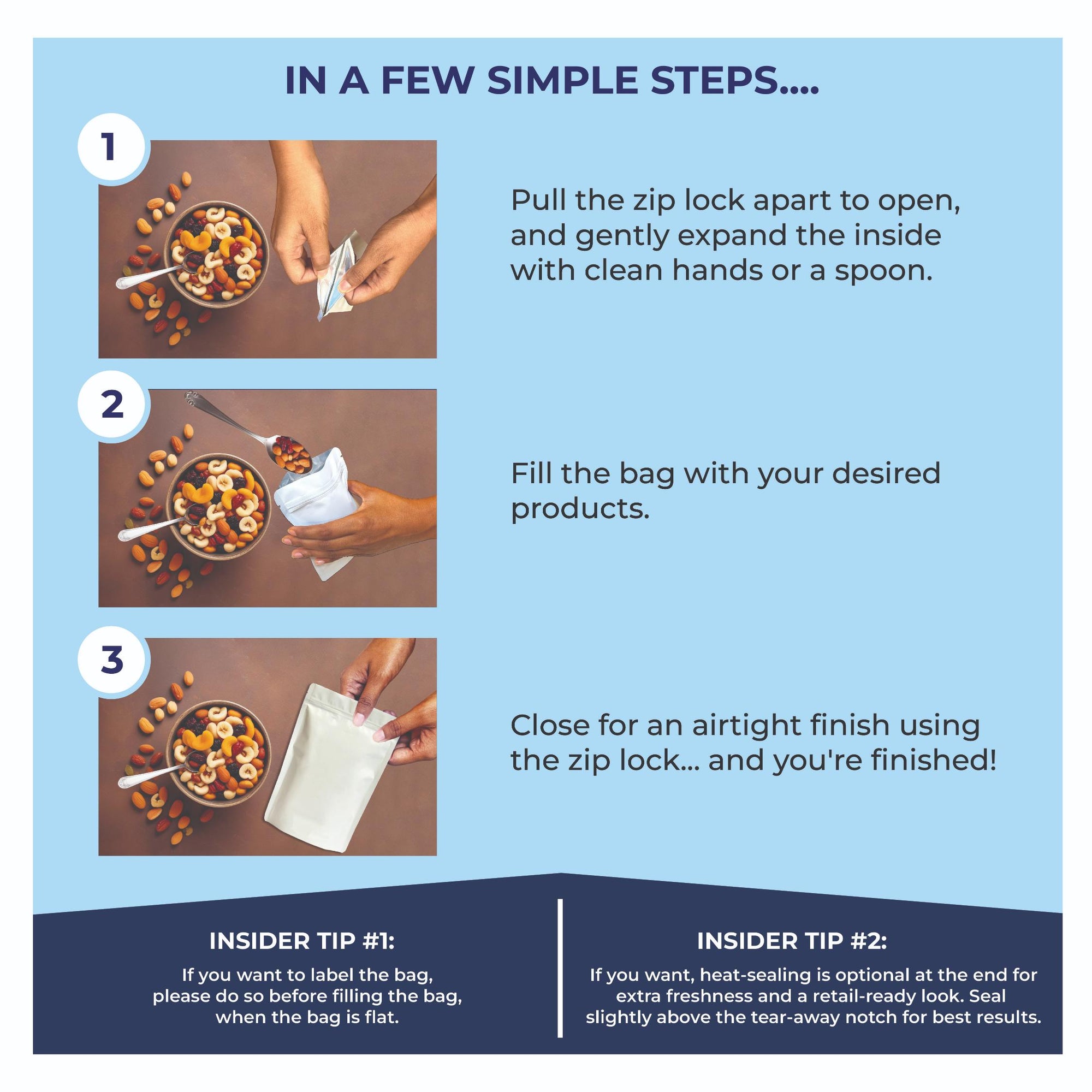 Step-by-step guide to using White stand-up zipper pouch – open, fill with products, and seal for freshness