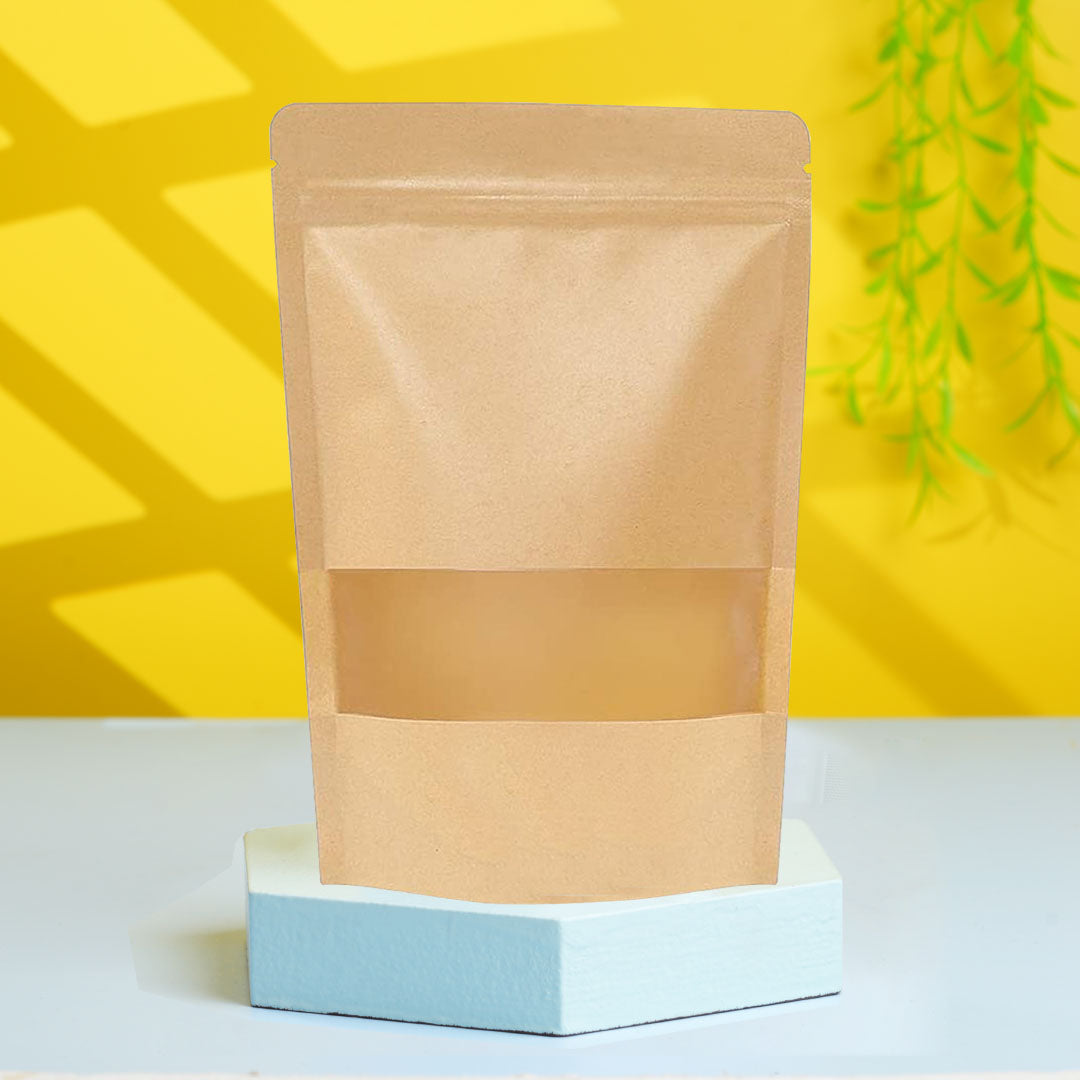 Overview of kraft paper stand up zipper pouches with clear window for food grade packaging