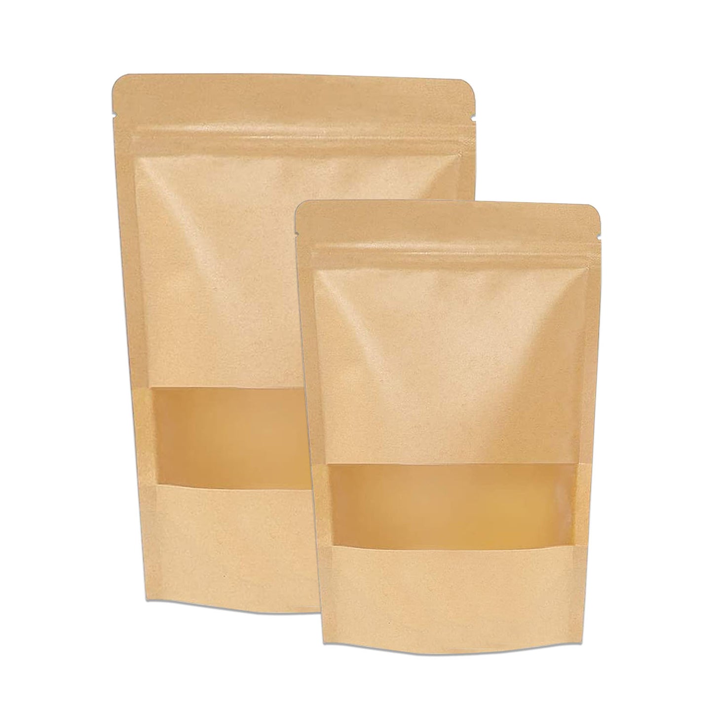 Overview of kraft paper stand up zipper pouches with clear window for food grade packaging