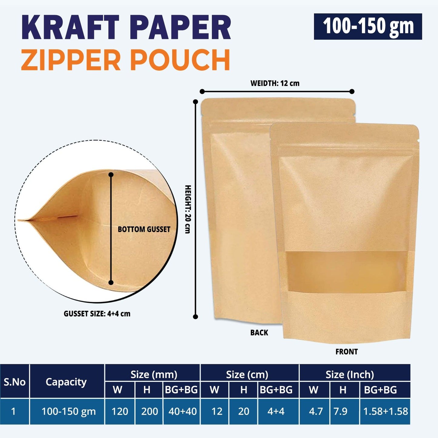100g kraft paper stand up zipper pouch with transparent window for tea and coffee packaging||100 to 150gm - 120mm(W) * 200mm(H) * 40mm+40mm(BG)