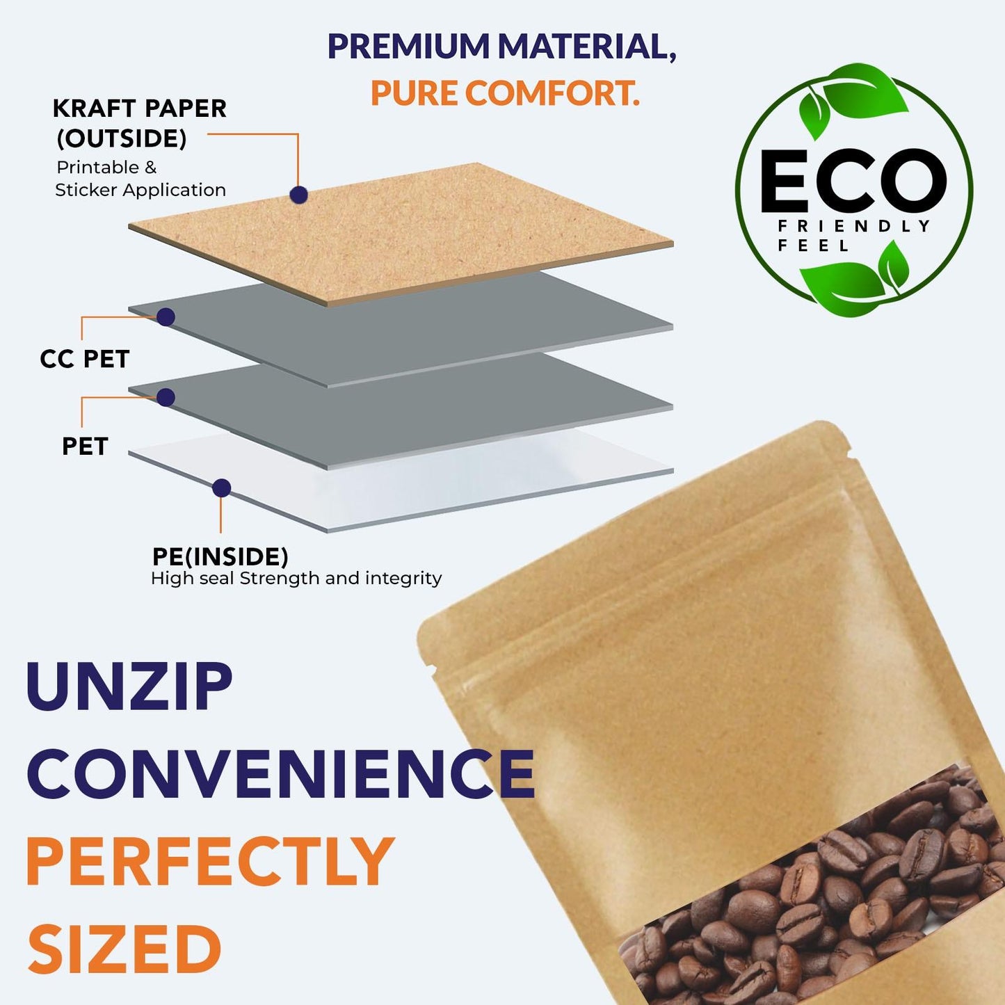 Multi-layer structure of kraft paper stand up zipper pouch with CCPET, PET, and PE lining||50 to 70gm - 95mm(W) * 150mm(H) * 30mm+30mm(BG)