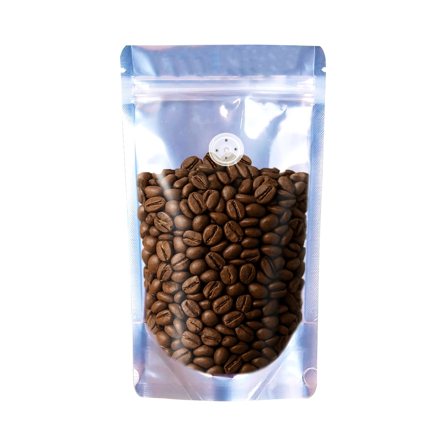 Clear Gloss silver stand-up pouch with zipper and degassing valve filled with roasted coffee beans – ideal for premium coffee packaging