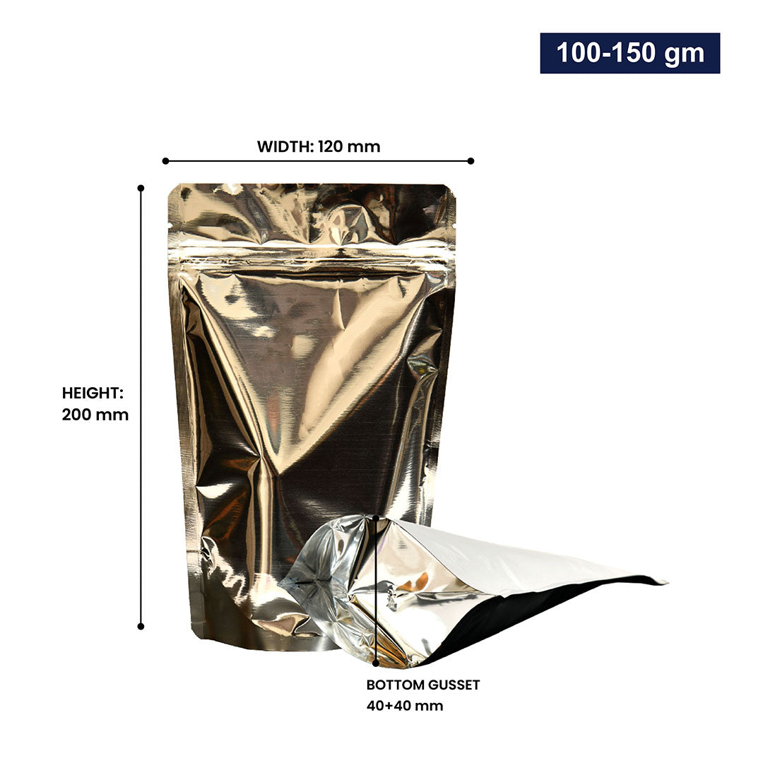 Silver stand-up pouch with zipper 100-150gm, with dimensions