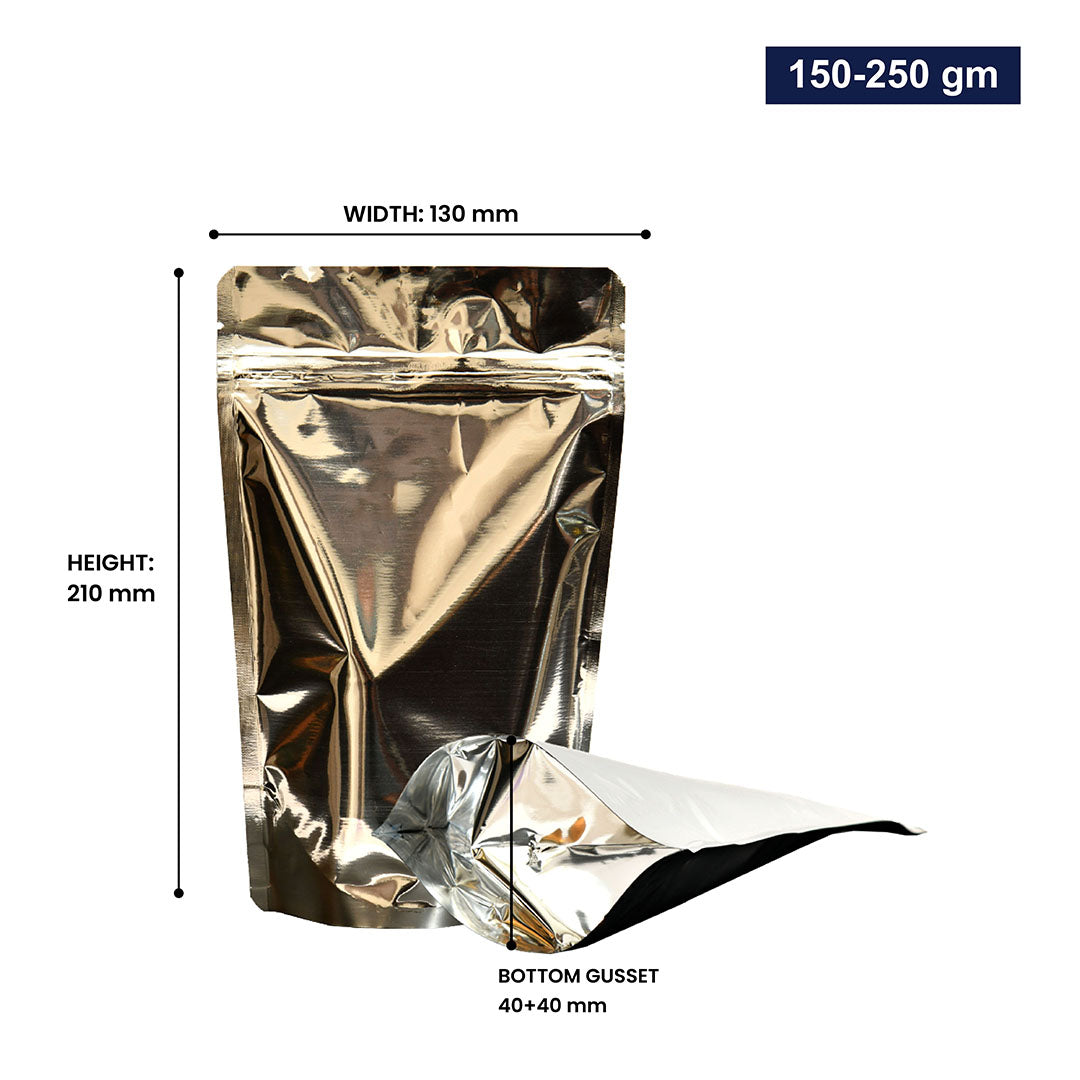 Silver stand-up pouch with zipper 150-250gm, with dimensions