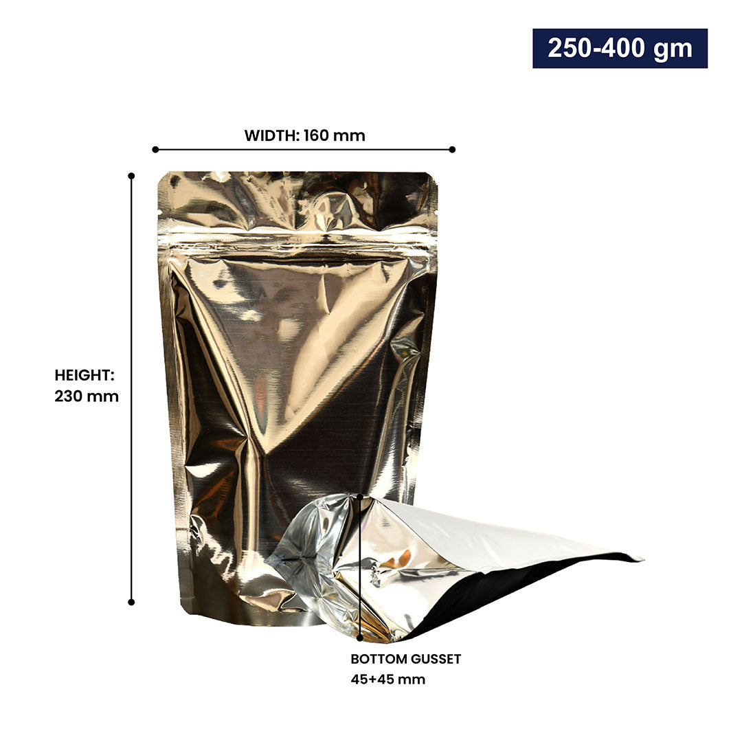 Silver stand-up pouch with zipper 250-400gm, with dimensions||250 to 400gm - 160mm(W) * 230mm(H) * 45mm+45mm(BG)